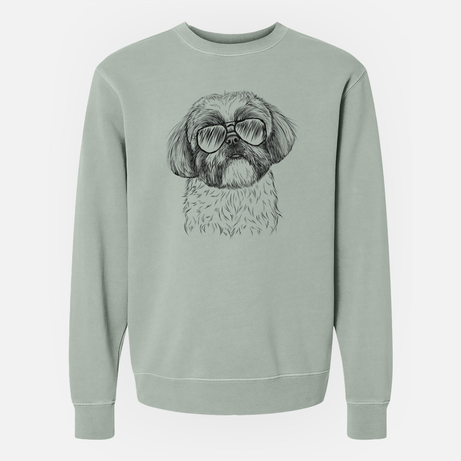 Hand-drawn sketch of Simon the Shih Tzu wearing aviator sunglasses on a Sage Unisex pigment dyed crew sweatshirt