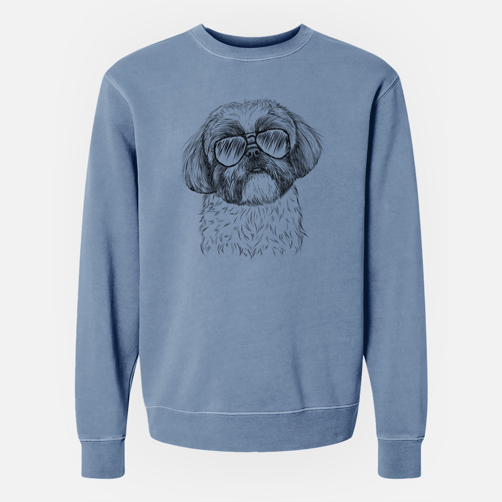 Hand-drawn sketch of Simon the Shih Tzu wearing aviator sunglasses on a Slate Blue Unisex pigment dyed crew sweatshirt