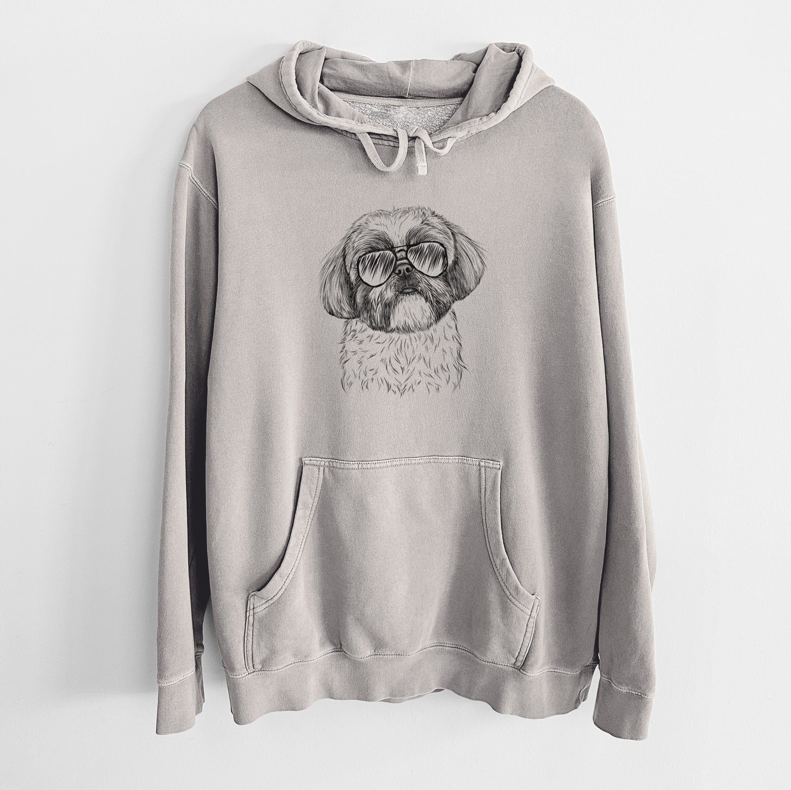 Hand-drawn sketch of Simon the Shih Tzu wearing aviator sunglasses on a Cement Unisex pigment dyed hoodie