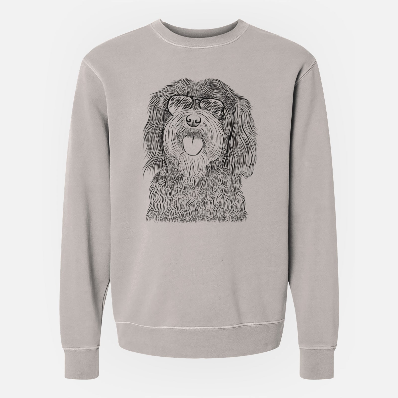 Hand-drawn sketch of Sophie the Havanese wearing aviator sunglasses on a Cement Unisex pigment dyed crew sweatshirt