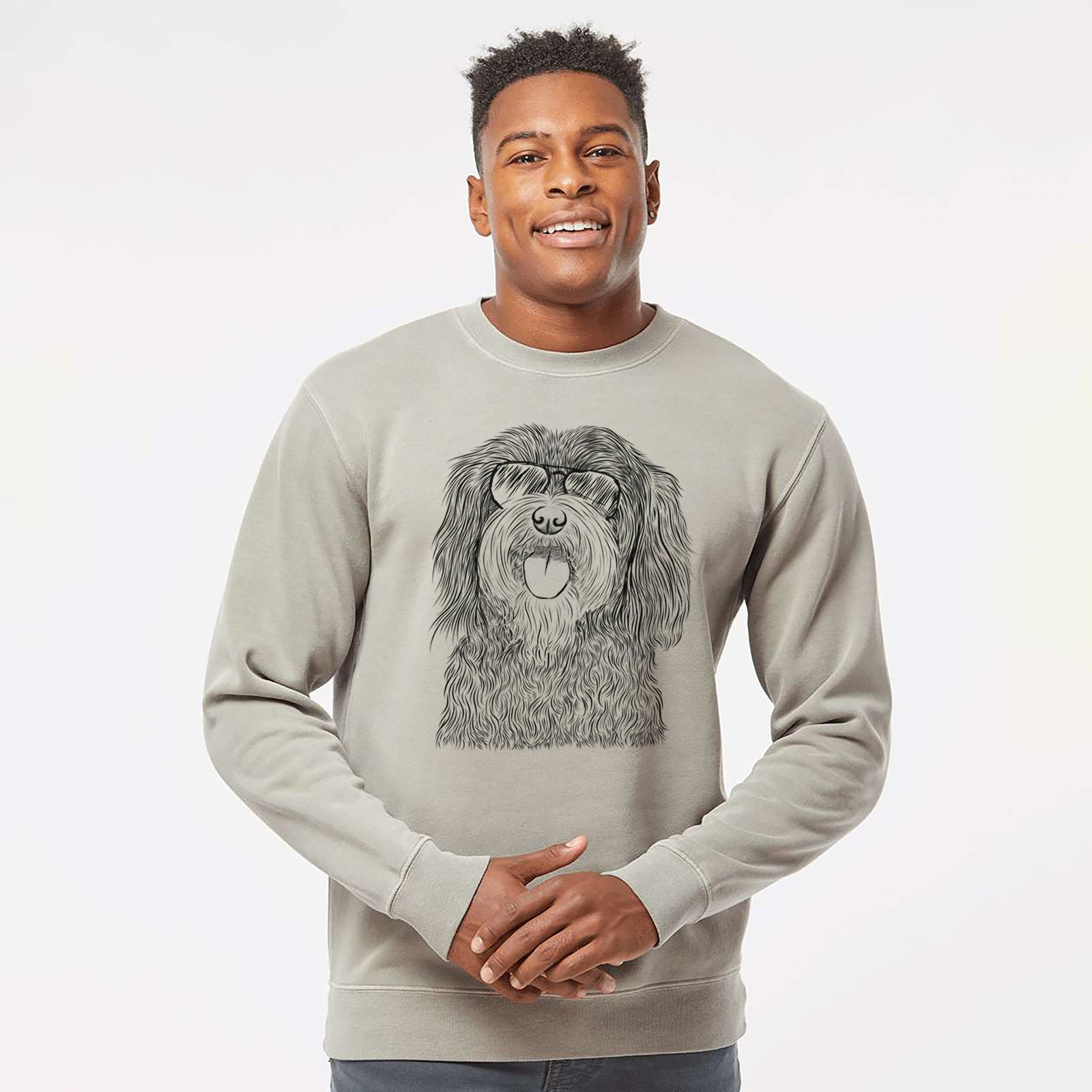 Hand-drawn sketch of Sophie the Havanese wearing aviator sunglasses on a Cement Unisex pigment dyed crew sweatshirt