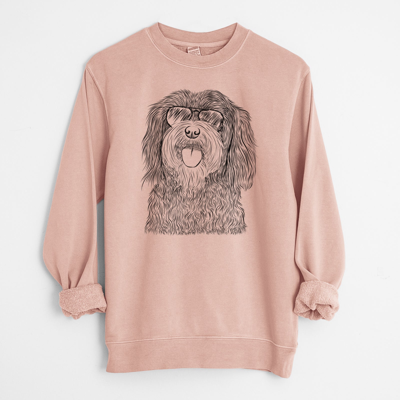 Hand-drawn sketch of Sophie the Havanese wearing aviator sunglasses on a Dusty Pink Unisex pigment dyed crew sweatshirt