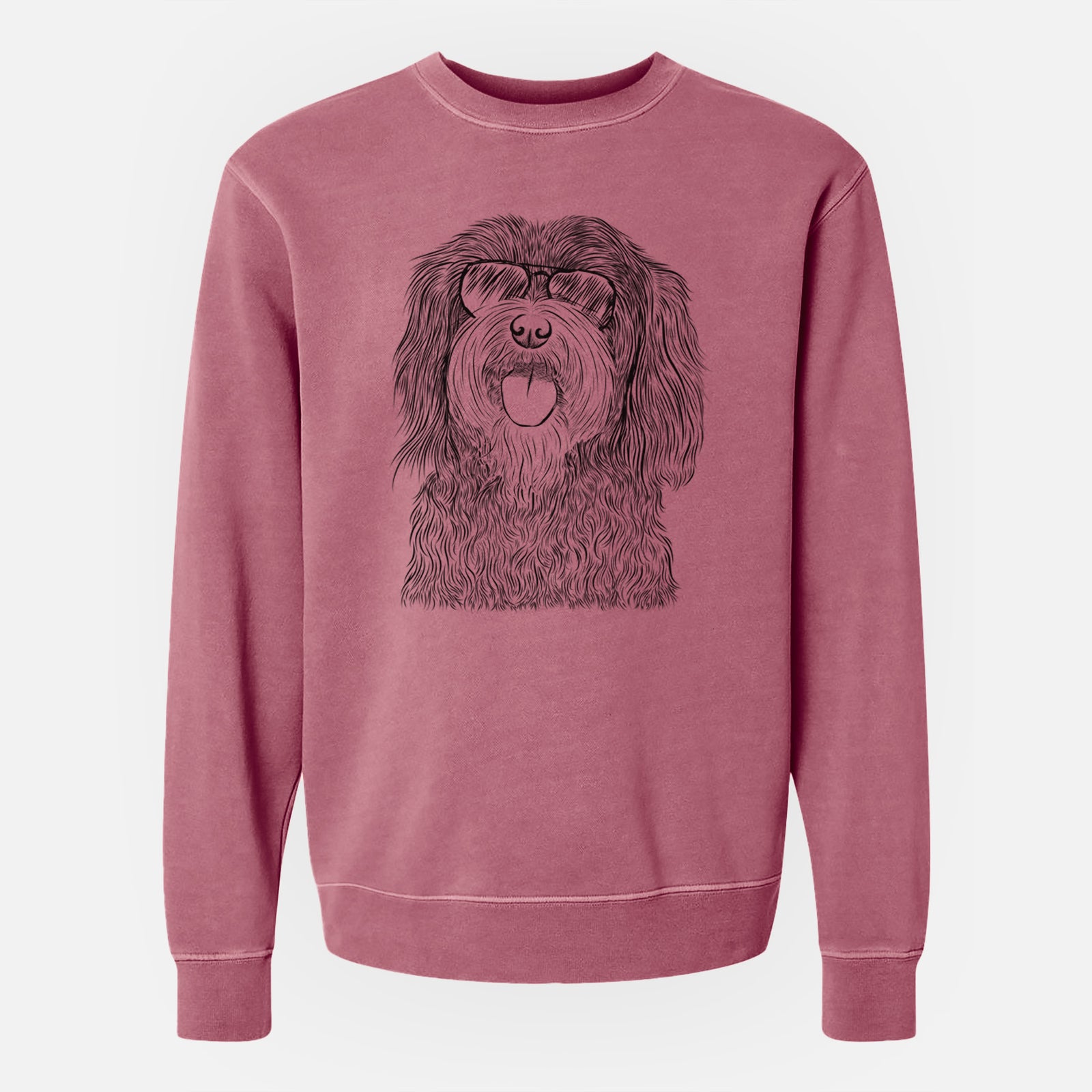Hand-drawn sketch of Sophie the Havanese wearing aviator sunglasses on a Maroon Unisex pigment dyed crew sweatshirt