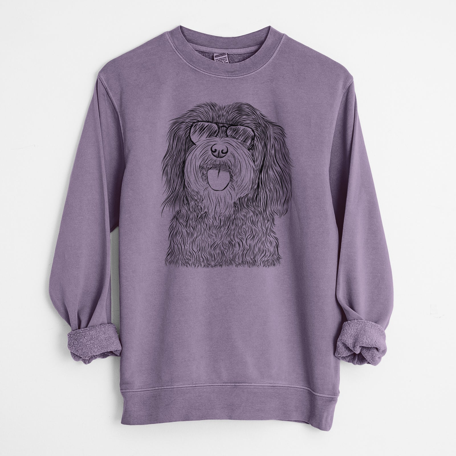 Hand-drawn sketch of Sophie the Havanese wearing aviator sunglasses on a Plum Unisex pigment dyed crew sweatshirt