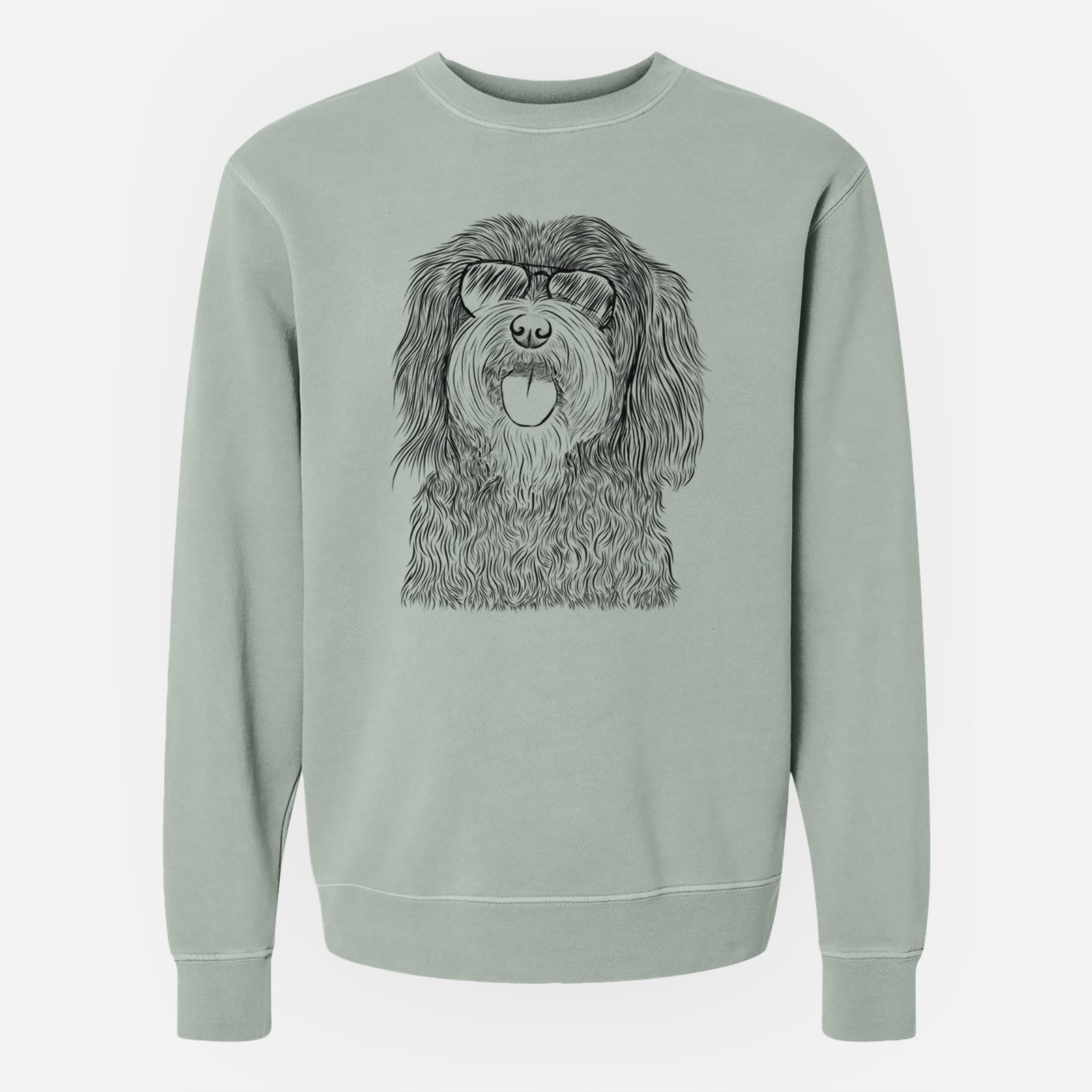 Hand-drawn sketch of Sophie the Havanese wearing aviator sunglasses on a Sage Unisex pigment dyed crew sweatshirt