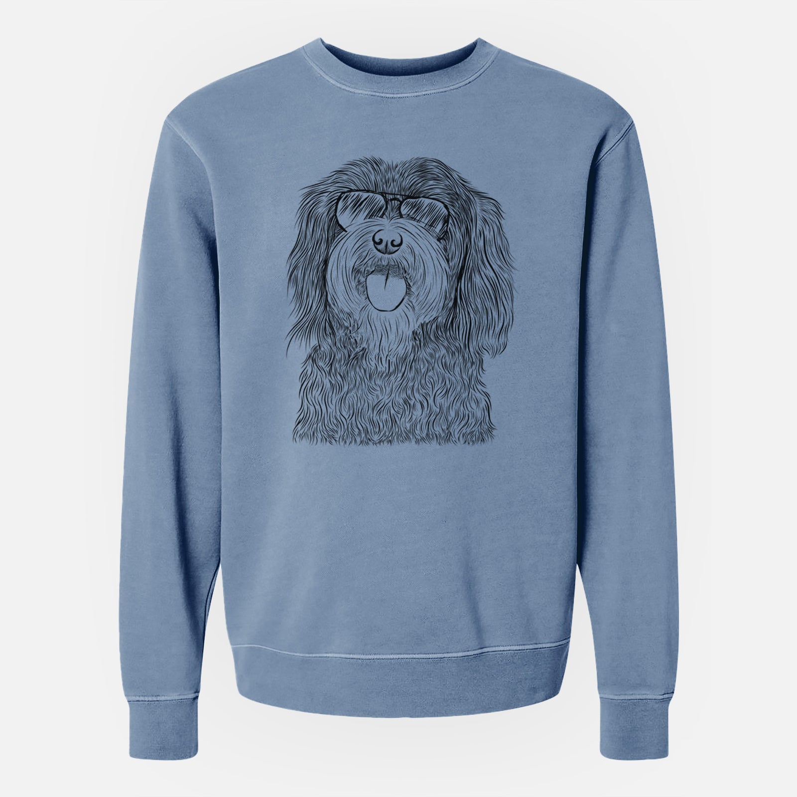 Hand-drawn sketch of Sophie the Havanese wearing aviator sunglasses on a Slate Blue Unisex pigment dyed crew sweatshirt