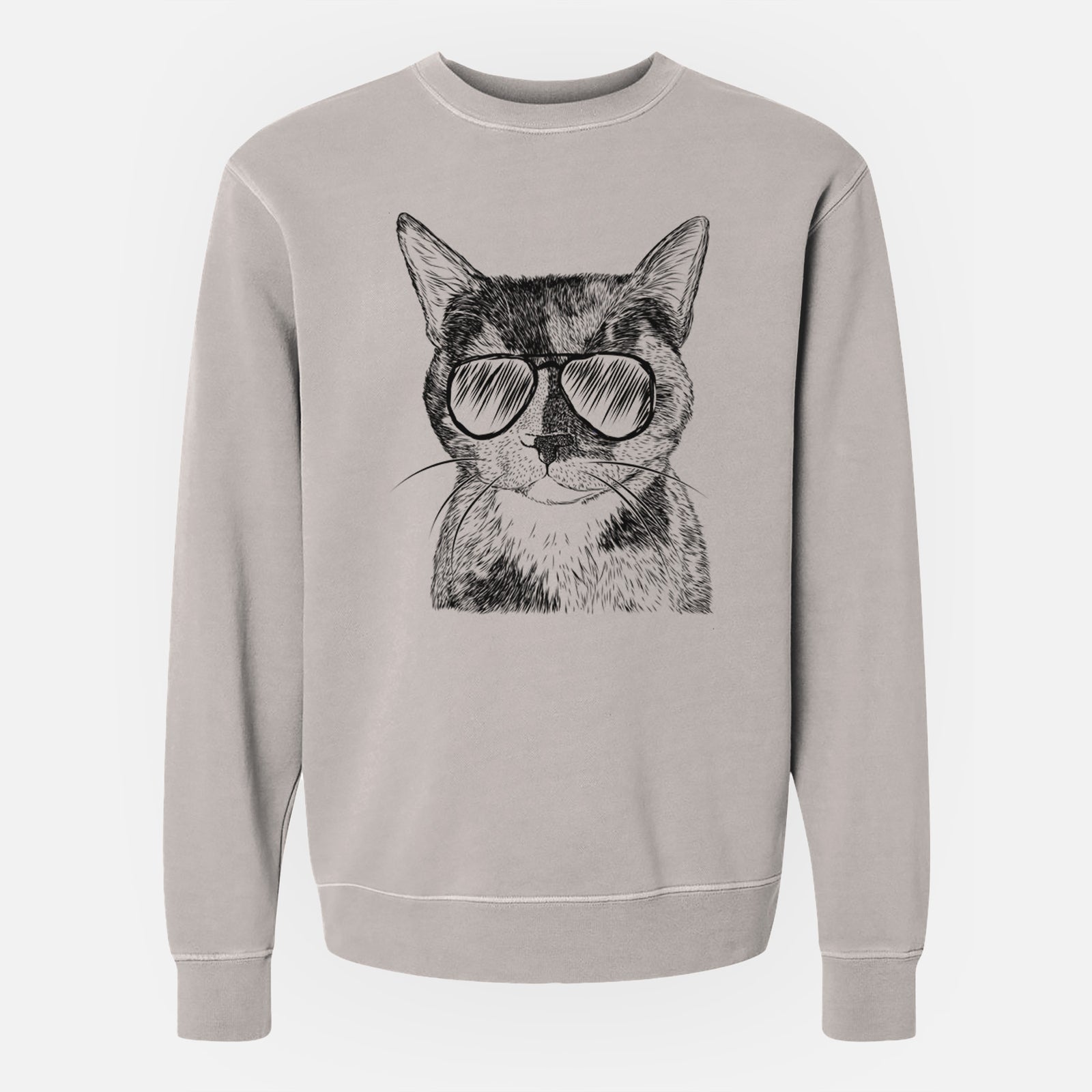 Hand-drawn sketch of Spooky Kitty the Tortoiseshell Cat wearing aviator sunglasses on a Cement Unisex pigment dyed crew sweatshirt