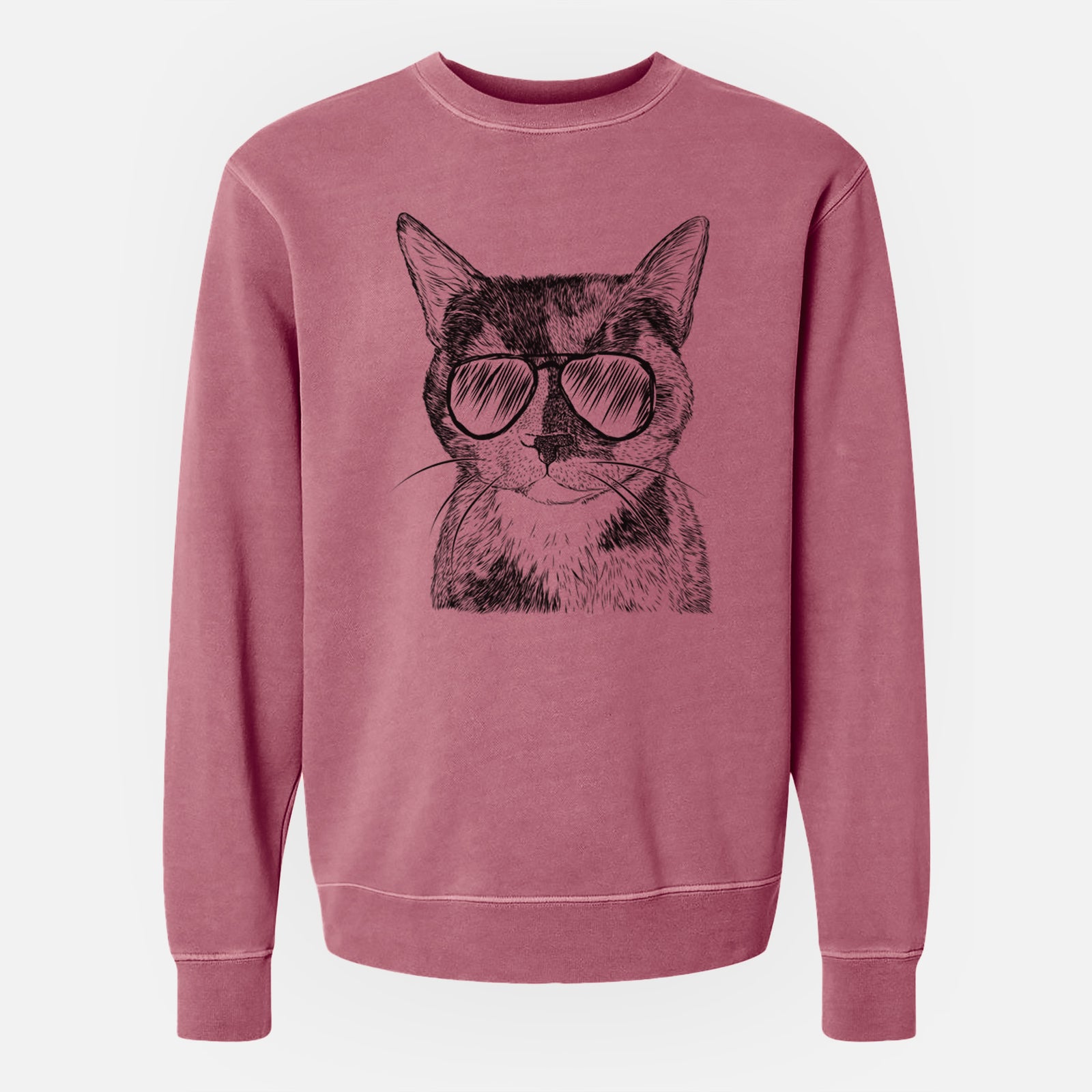 Hand-drawn sketch of Spooky Kitty the Tortoiseshell Cat wearing aviator sunglasses on a Maroon Unisex pigment dyed crew sweatshirt