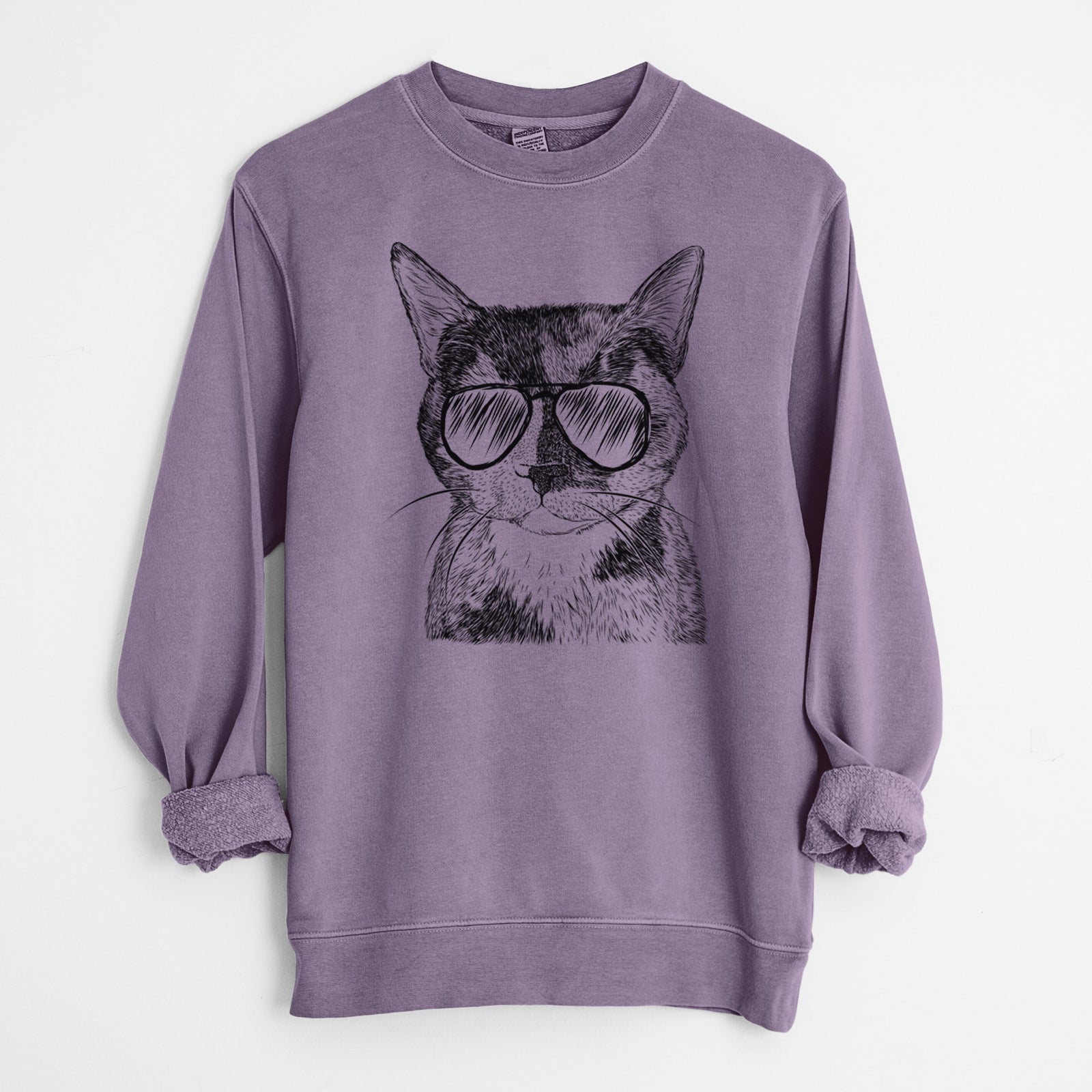 Hand-drawn sketch of Spooky Kitty the Tortoiseshell Cat wearing aviator sunglasses on a Plum Unisex pigment dyed crew sweatshirt
