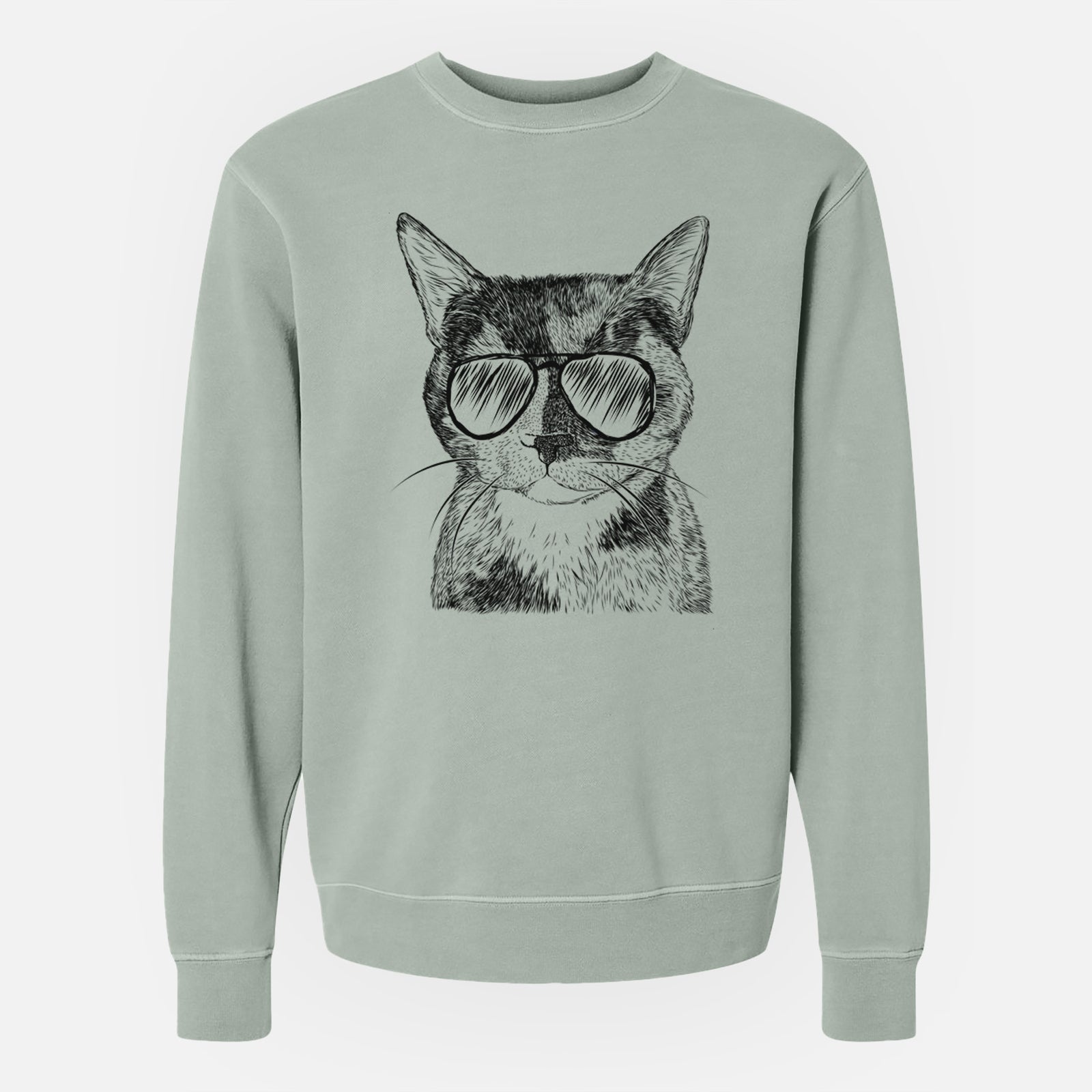 Hand-drawn sketch of Spooky Kitty the Tortoiseshell Cat wearing aviator sunglasses on a Sage Unisex pigment dyed crew sweatshirt