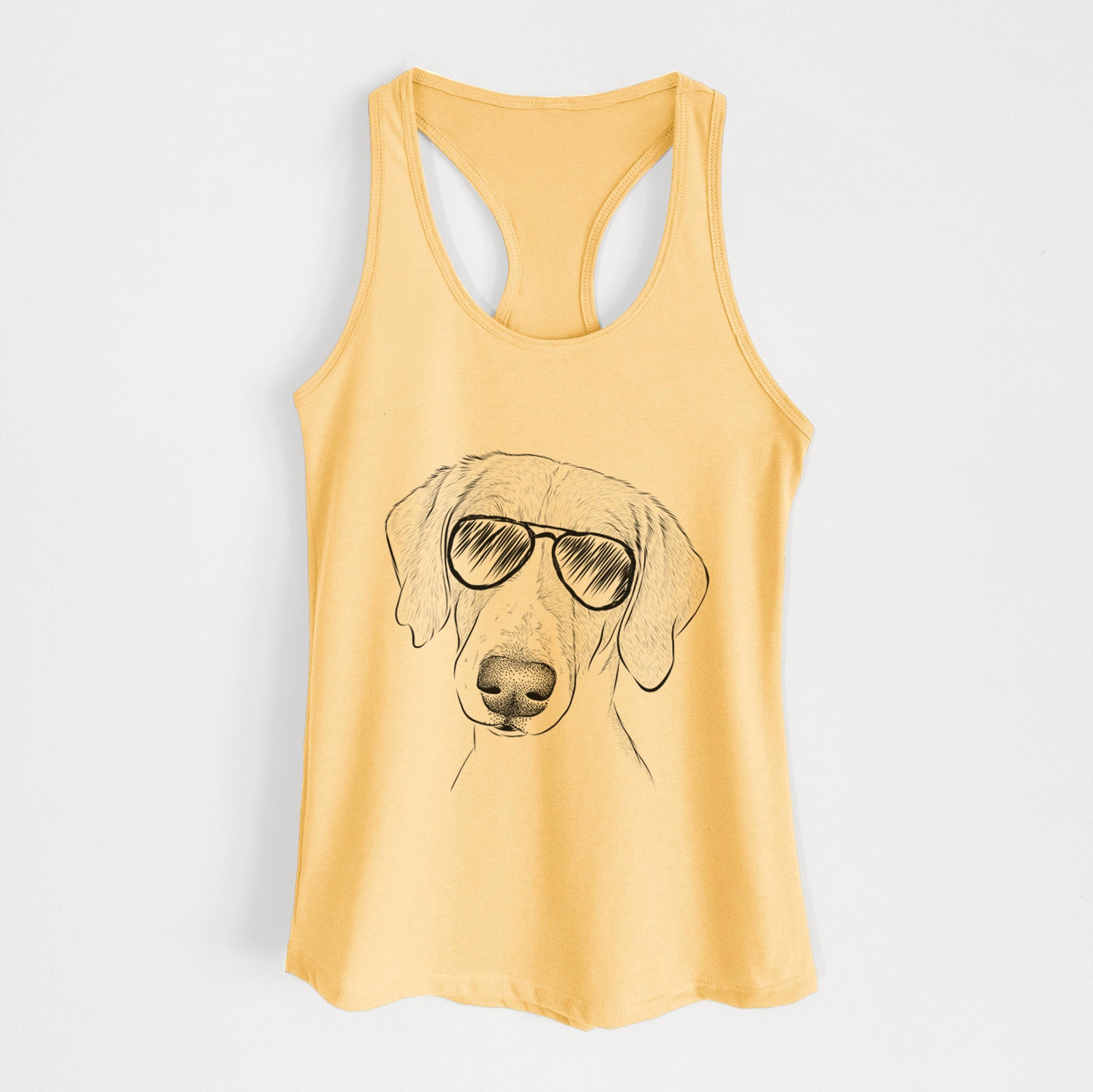 Hand-drawn sketch of Stanley the Foxhound wearing aviator sunglasses on a Banana Cream Women's racerback tanktop