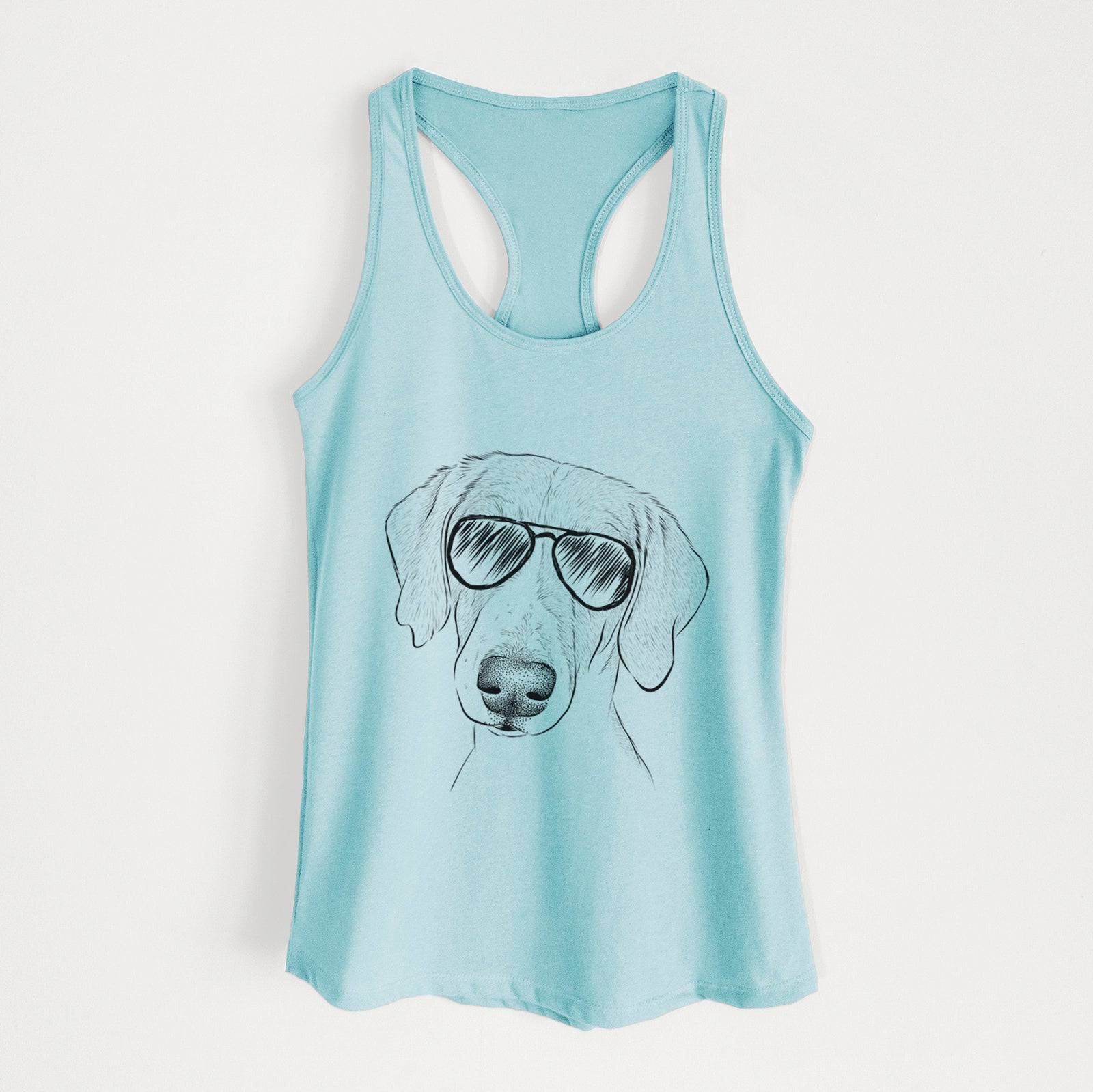 Hand-drawn sketch of Stanley the Foxhound wearing aviator sunglasses on a Cancun Blue Women's racerback tanktop