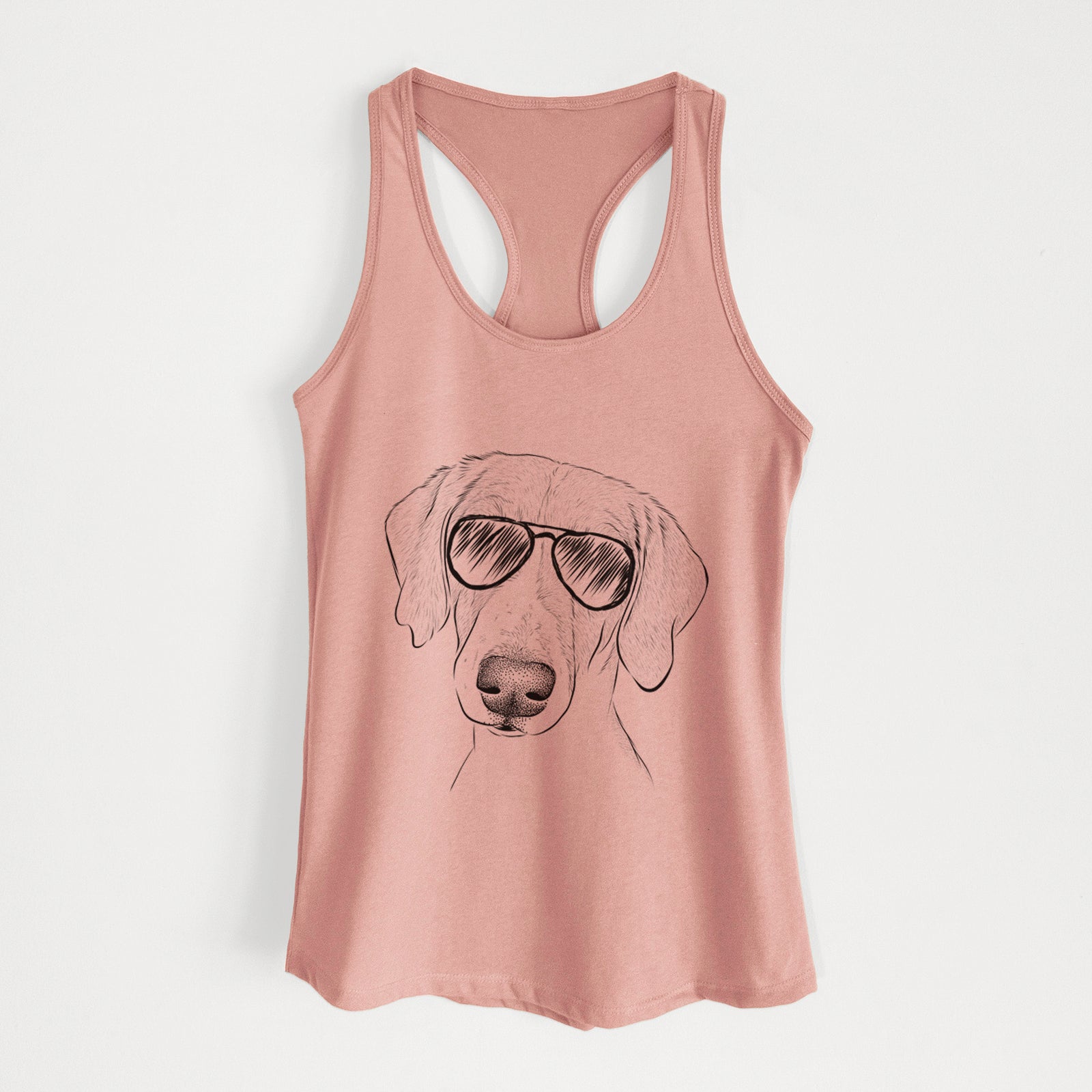 Hand-drawn sketch of Stanley the Foxhound wearing aviator sunglasses on a Desert Pink Women's racerback tanktop