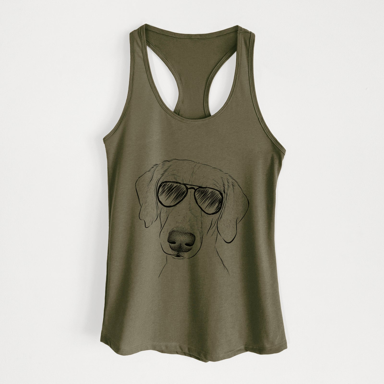 Hand-drawn sketch of Stanley the Foxhound wearing aviator sunglasses on a Military Green Women's racerback tanktop
