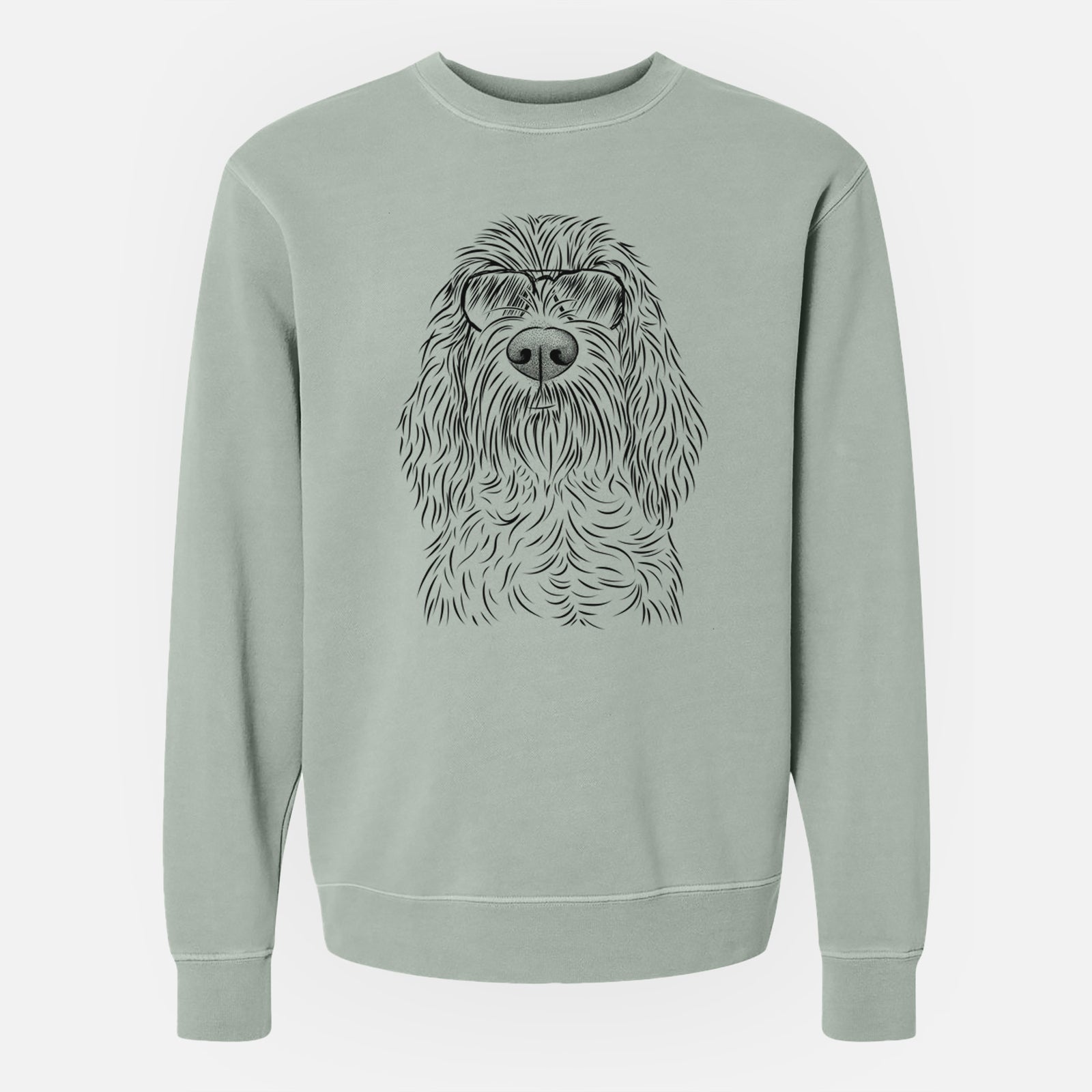 Hand-drawn sketch of Stefano the Spinone Italiano wearing aviator sunglasses on a Sage Unisex pigment dyed crew sweatshirt