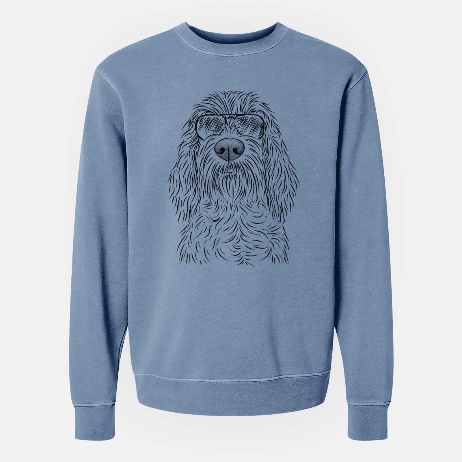 Hand-drawn sketch of Stefano the Spinone Italiano wearing aviator sunglasses on a Slate Blue Unisex pigment dyed crew sweatshirt
