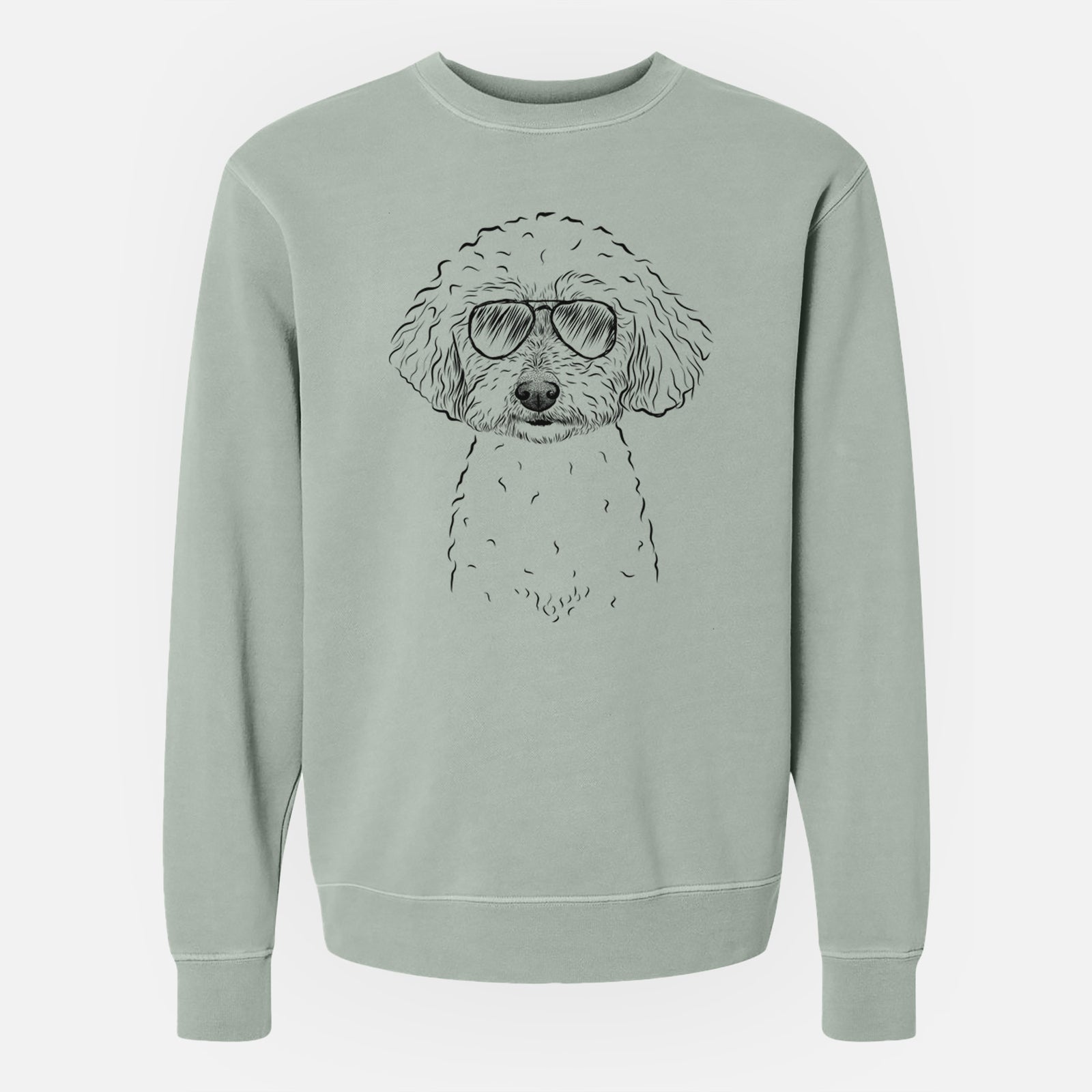 Hand-drawn sketch of Stitch the Bichonpoo wearing aviator sunglasses on a Sage Unisex pigment dyed crew sweatshirt