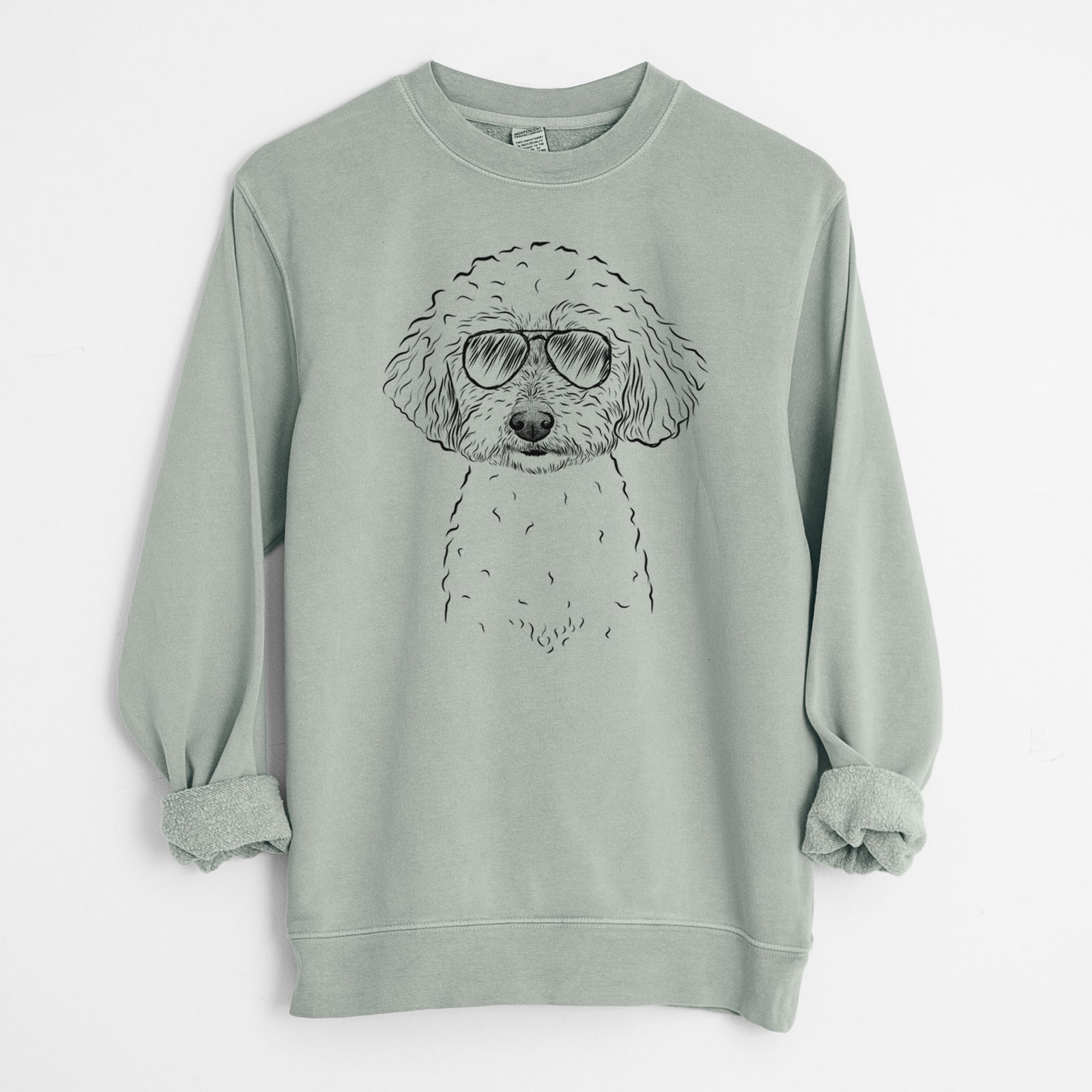 Hand-drawn sketch of Stitch the Bichonpoo wearing aviator sunglasses on a Sage Unisex pigment dyed crew sweatshirt
