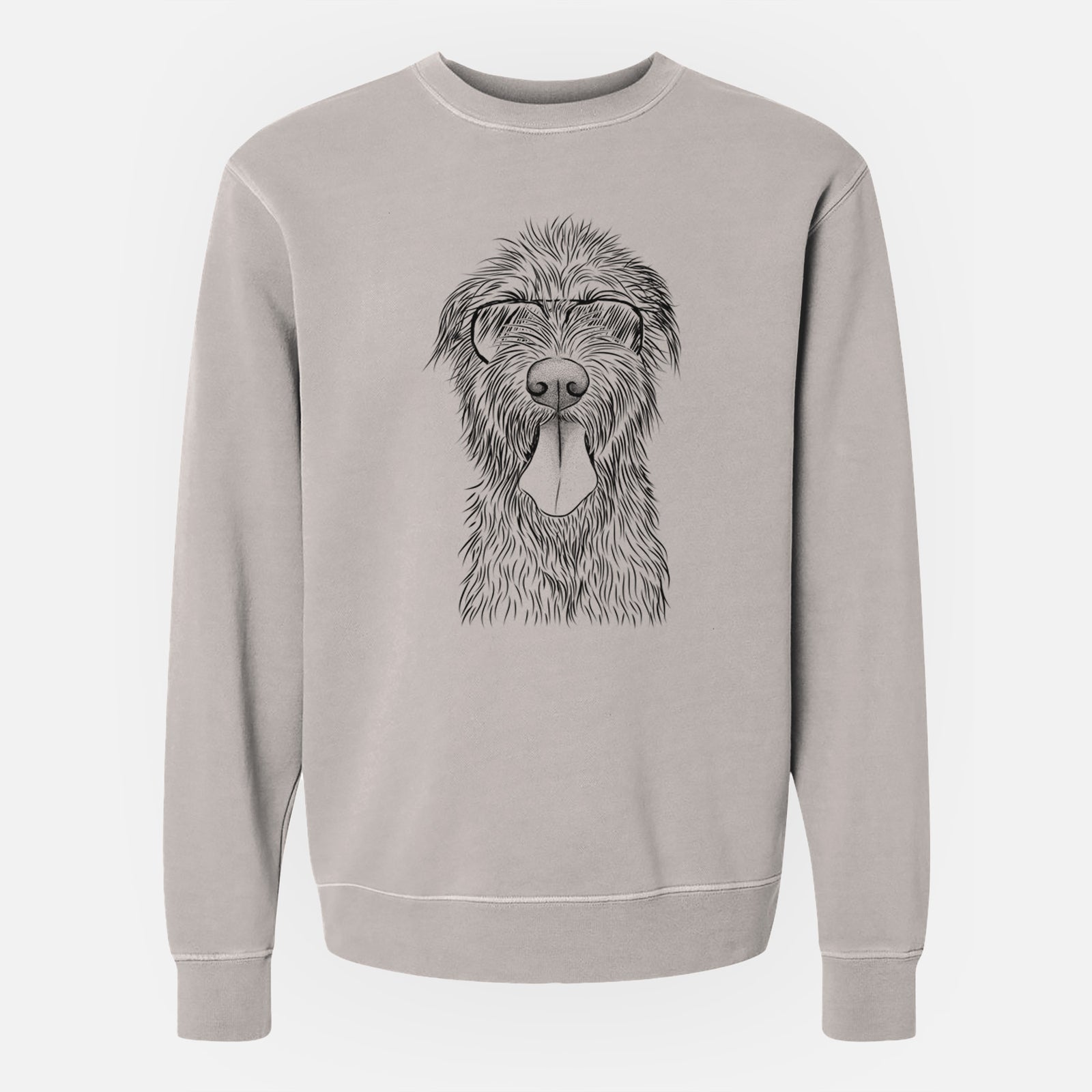 Hand-drawn sketch of Sullivan the Irish Wolfhound wearing aviator sunglasses on a Cement Unisex pigment dyed crew sweatshirt