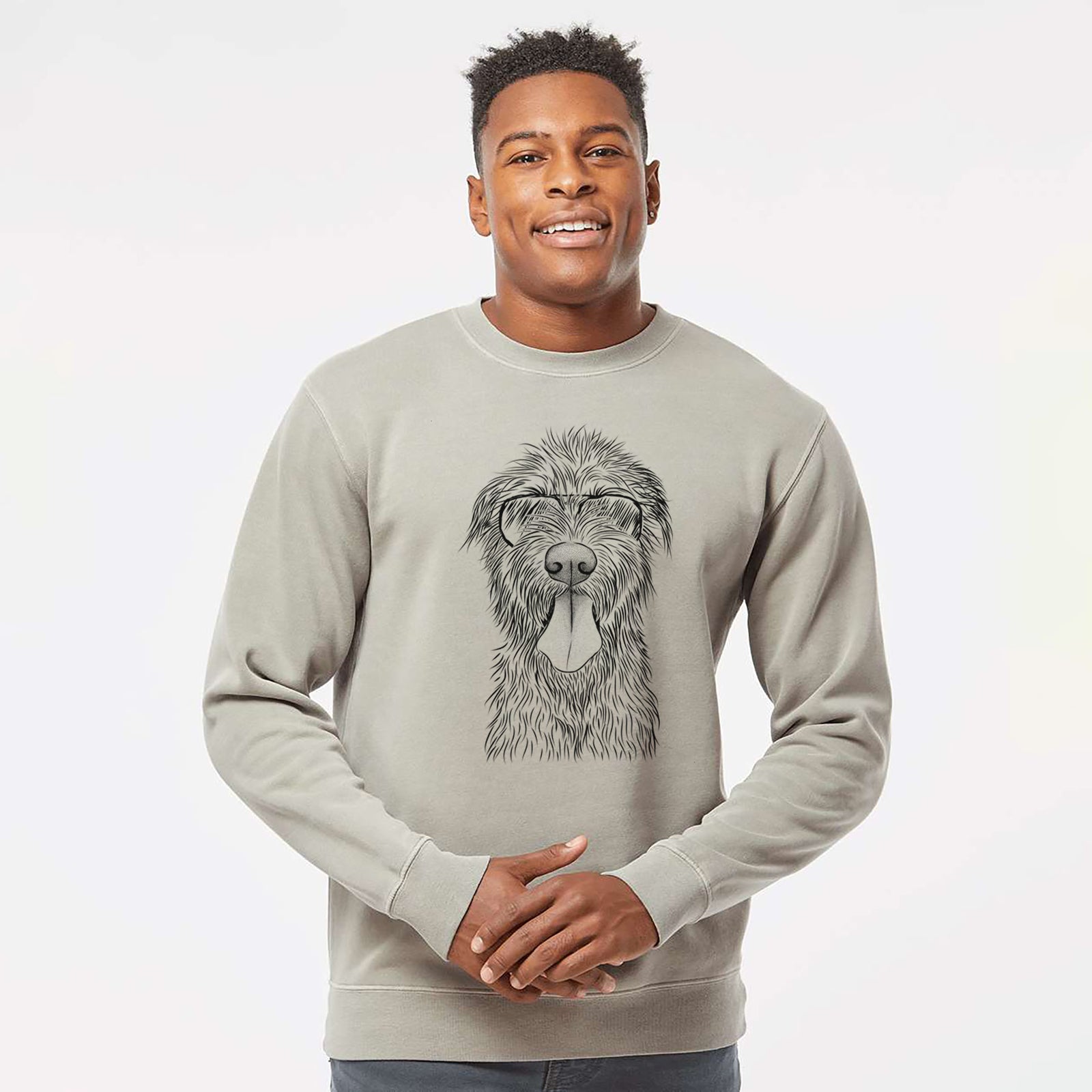 Hand-drawn sketch of Sullivan the Irish Wolfhound wearing aviator sunglasses on a Cement Unisex pigment dyed crew sweatshirt