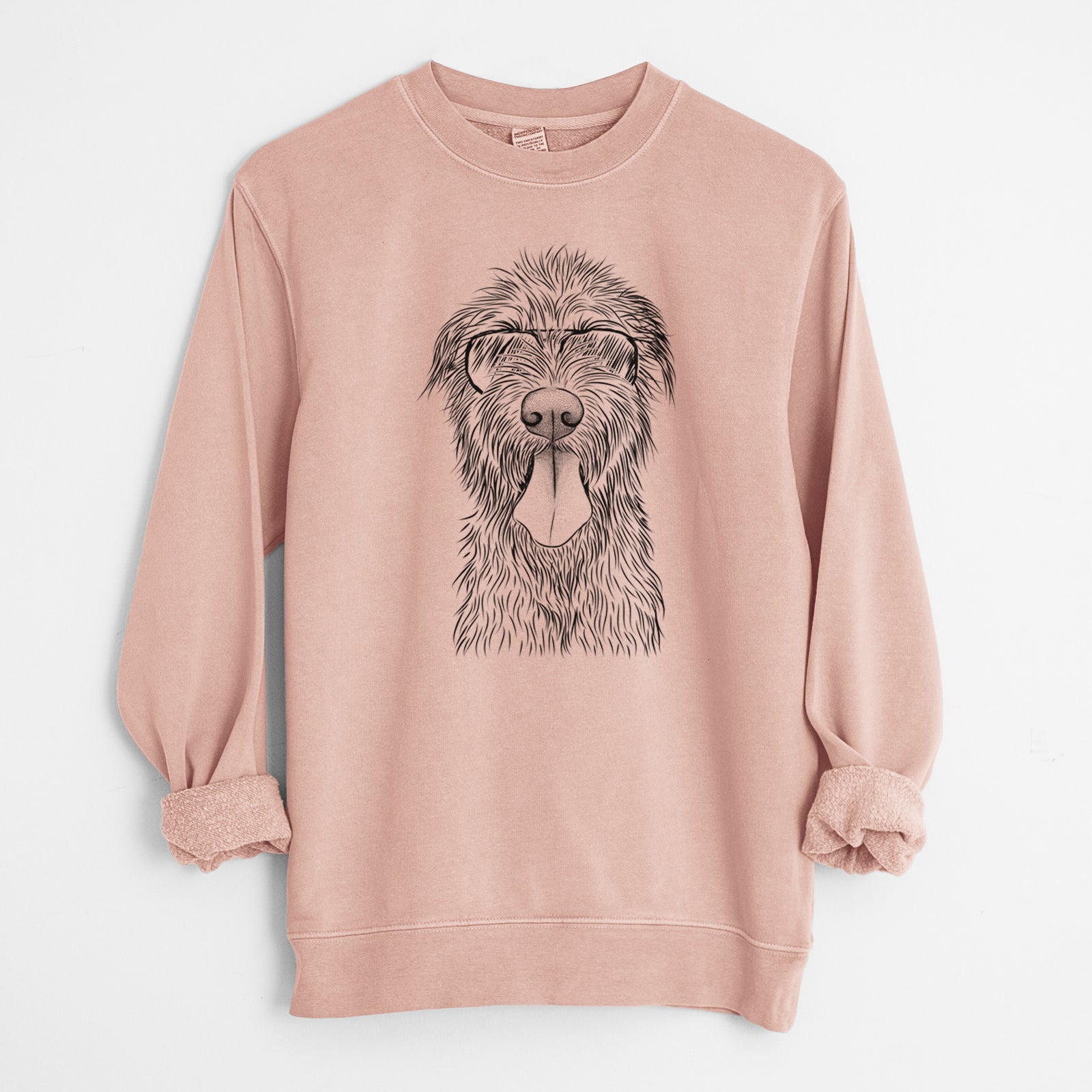 Hand-drawn sketch of Sullivan the Irish Wolfhound wearing aviator sunglasses on a Dusty Pink Unisex pigment dyed crew sweatshirt