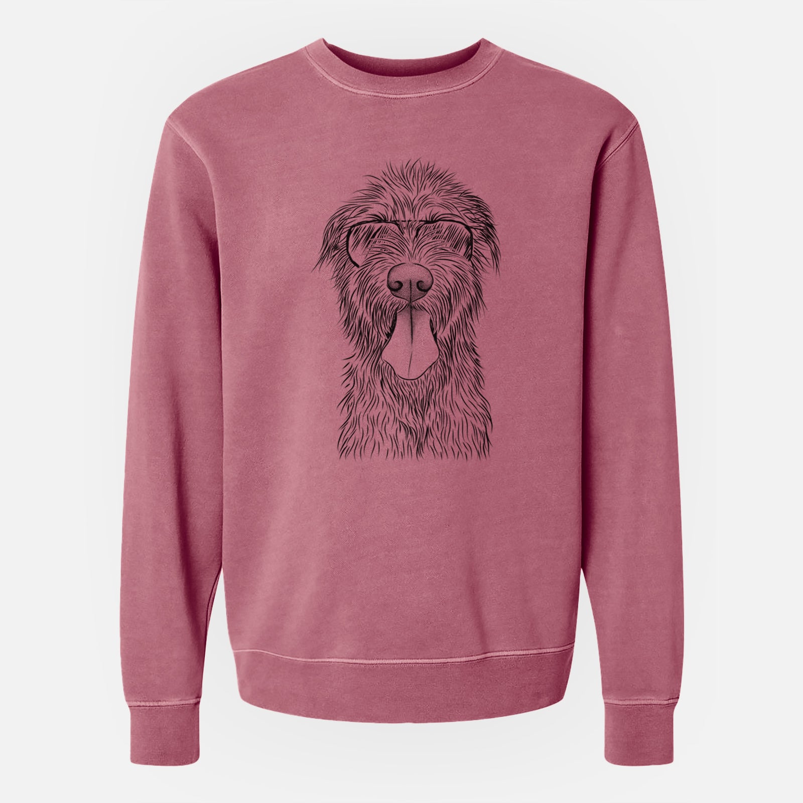 Hand-drawn sketch of Sullivan the Irish Wolfhound wearing aviator sunglasses on a Maroon Unisex pigment dyed crew sweatshirt