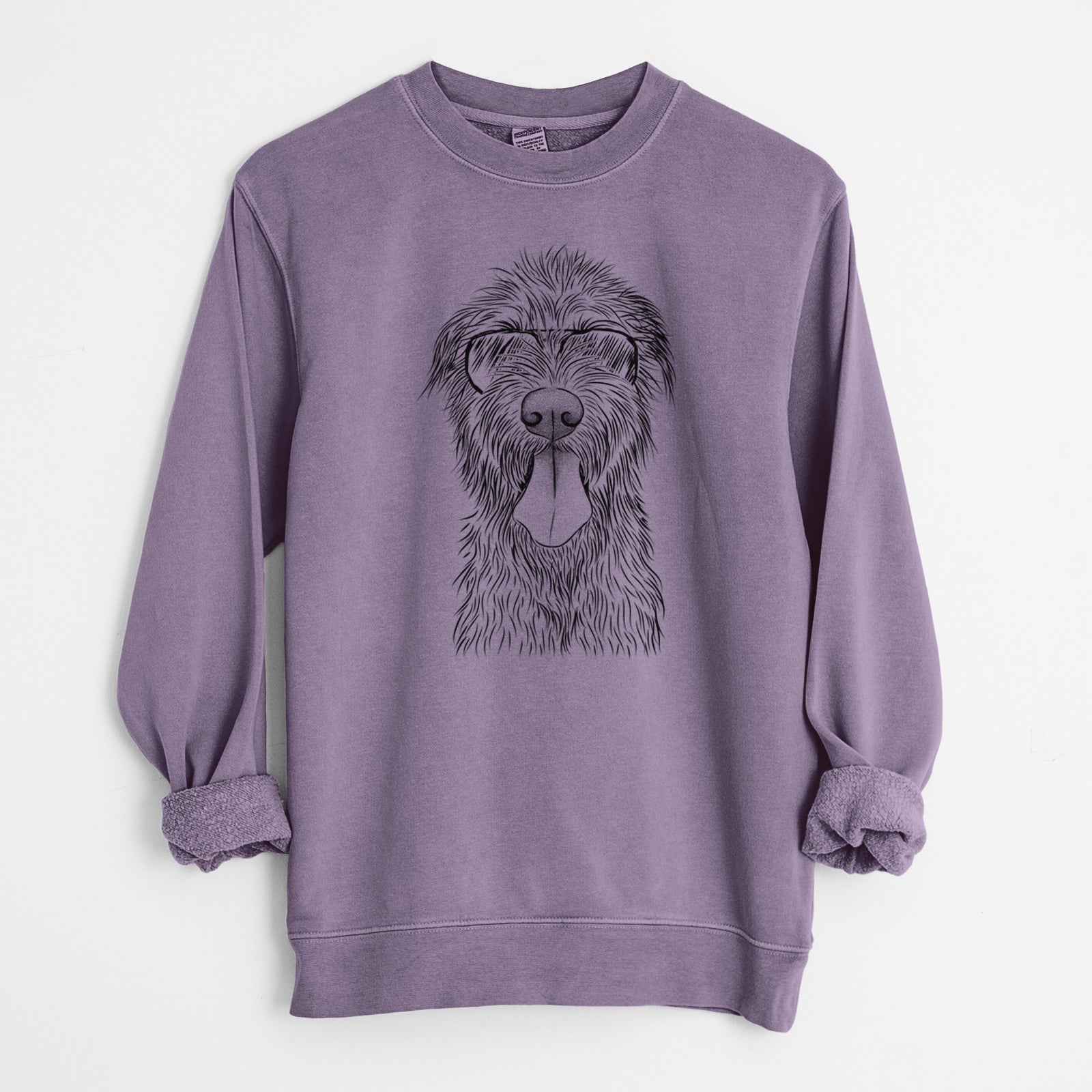 Hand-drawn sketch of Sullivan the Irish Wolfhound wearing aviator sunglasses on a Plum Unisex pigment dyed crew sweatshirt