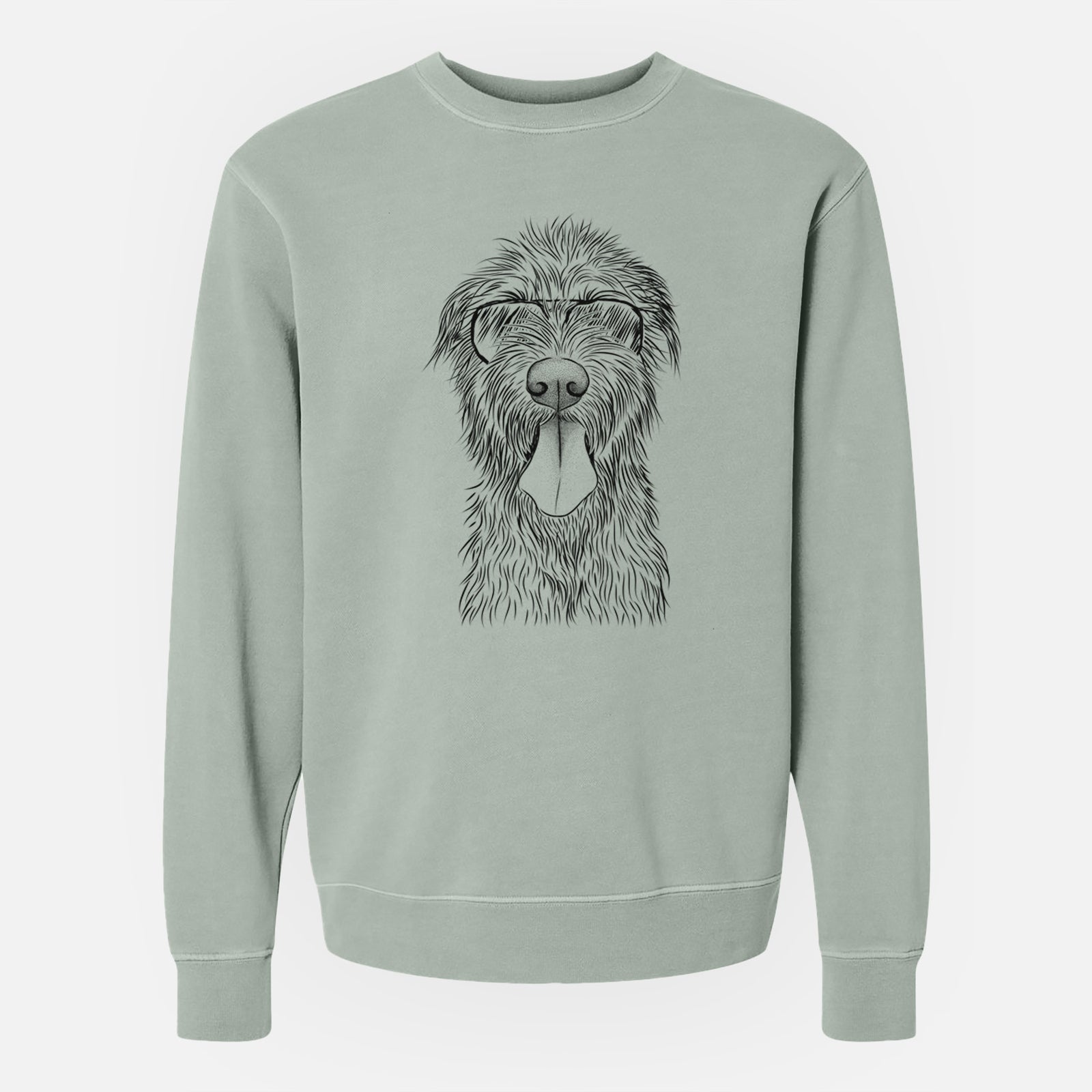 Hand-drawn sketch of Sullivan the Irish Wolfhound wearing aviator sunglasses on a Sage Unisex pigment dyed crew sweatshirt