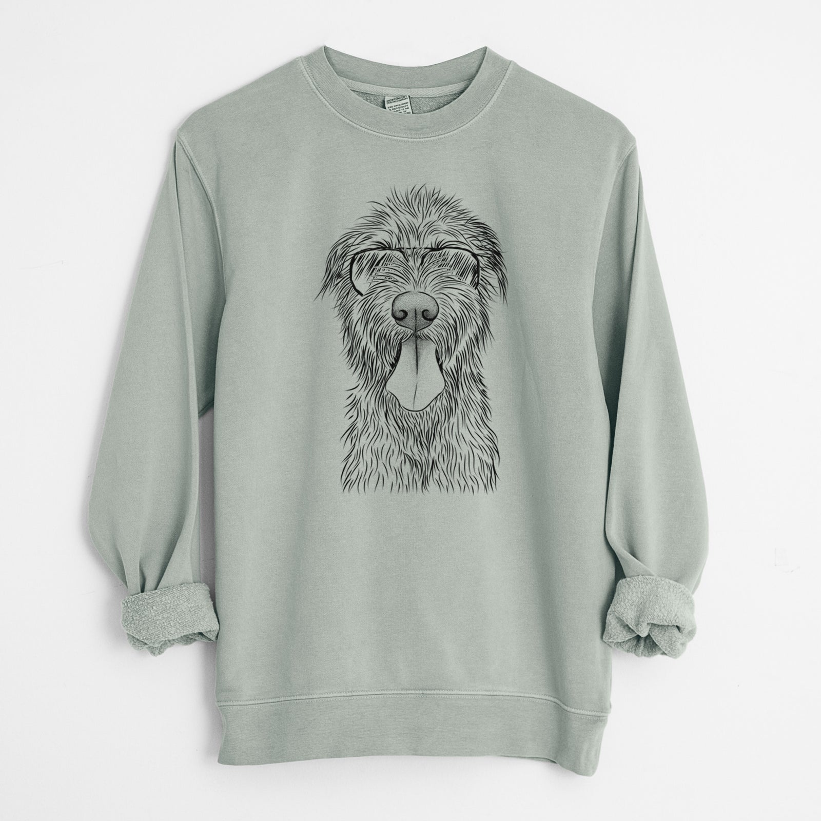 Hand-drawn sketch of Sullivan the Irish Wolfhound wearing aviator sunglasses on a Sage Unisex pigment dyed crew sweatshirt
