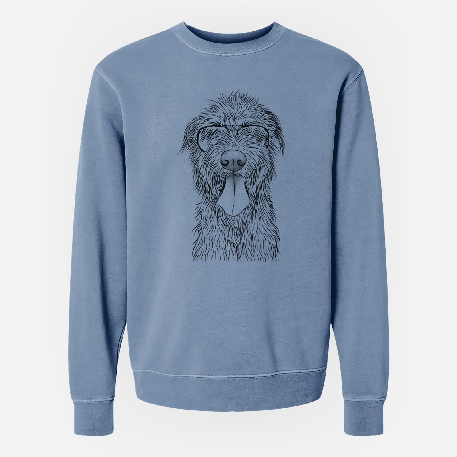 Hand-drawn sketch of Sullivan the Irish Wolfhound wearing aviator sunglasses on a Slate Blue Unisex pigment dyed crew sweatshirt