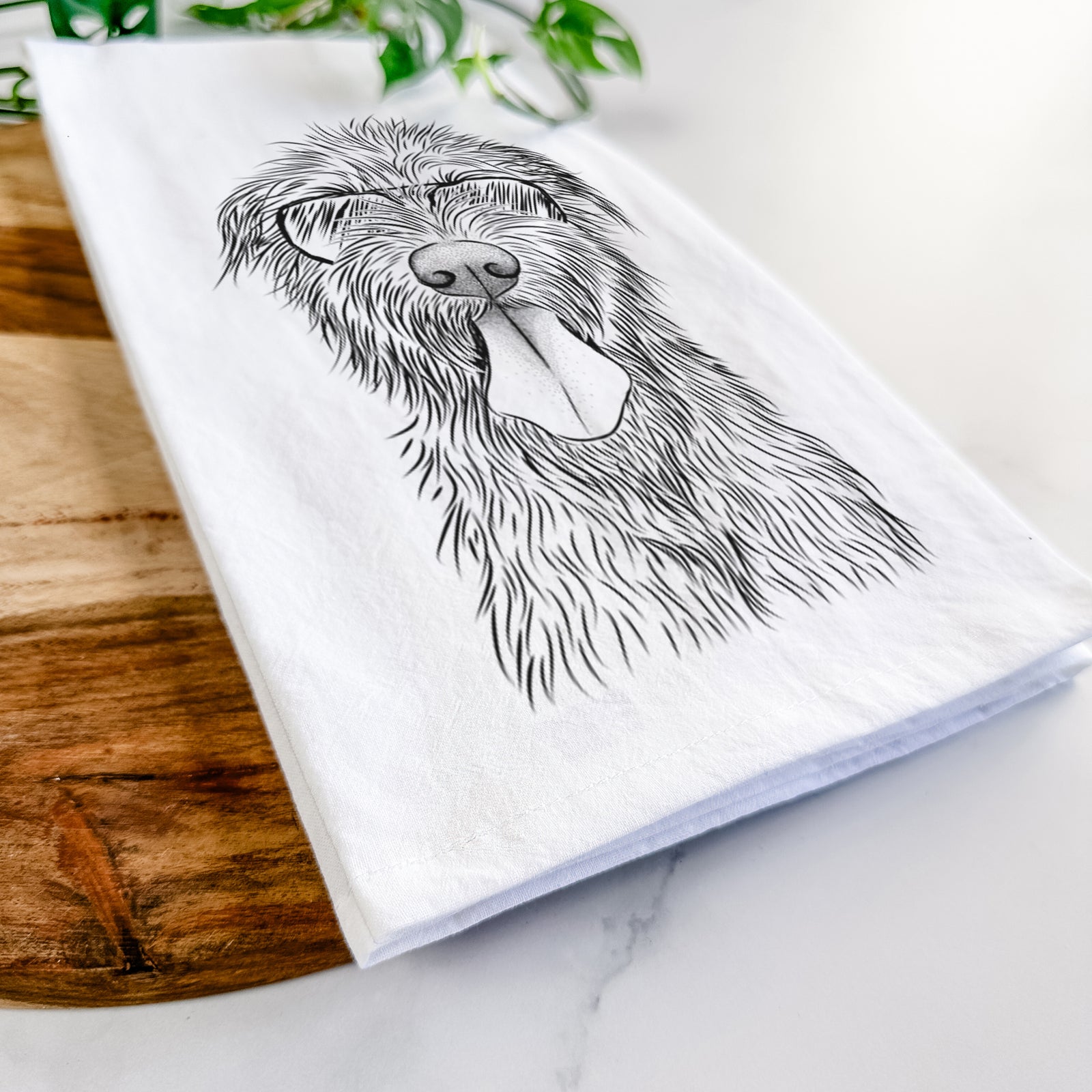 Hand-drawn sketch of Sullivan the Irish Wolfhound wearing aviator sunglasses on a tea towel