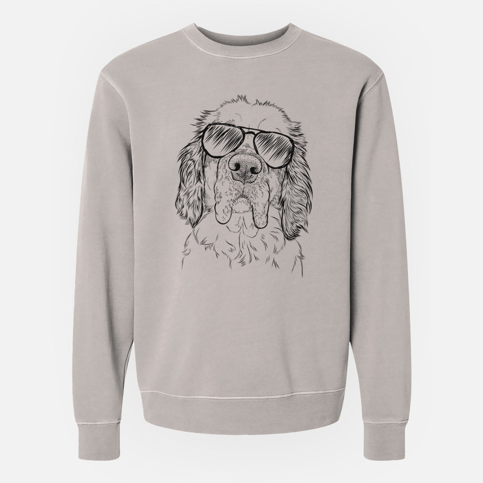 Hand-drawn sketch of Sully the Clumber Spaniel wearing aviator sunglasses on a Cement Unisex pigment dyed crew sweatshirt