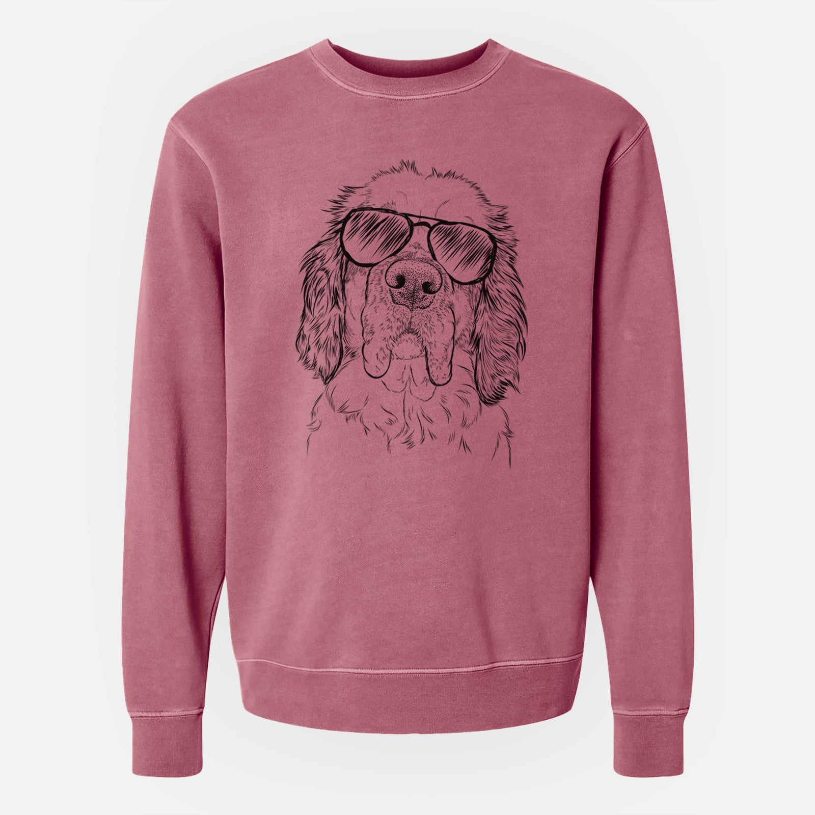 Hand-drawn sketch of Sully the Clumber Spaniel wearing aviator sunglasses on a Maroon Unisex pigment dyed crew sweatshirt