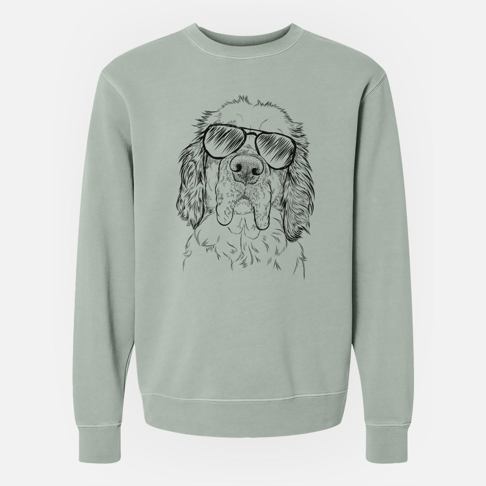 Hand-drawn sketch of Sully the Clumber Spaniel wearing aviator sunglasses on a Sage Unisex pigment dyed crew sweatshirt