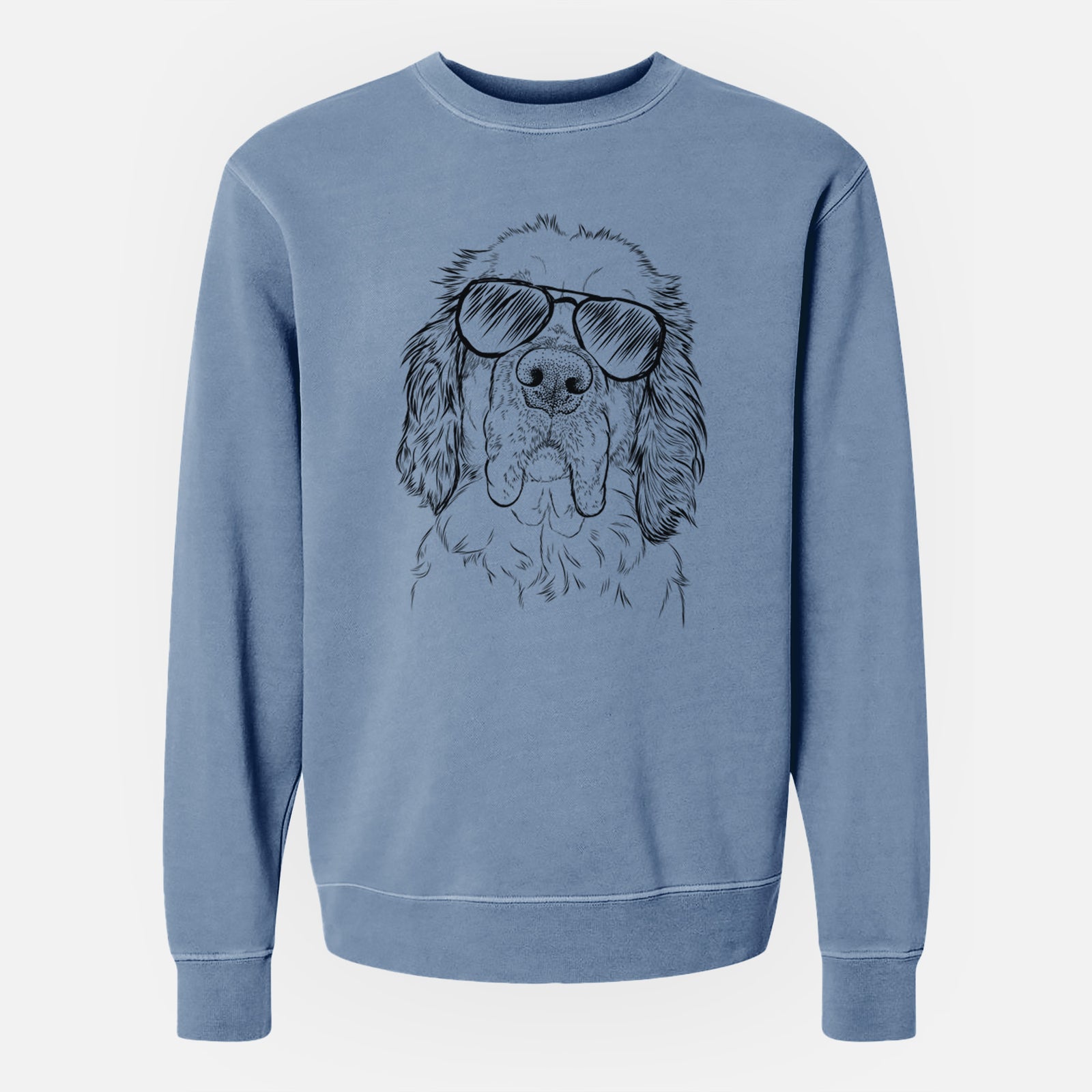 Hand-drawn sketch of Sully the Clumber Spaniel wearing aviator sunglasses on a Slate Blue Unisex pigment dyed crew sweatshirt