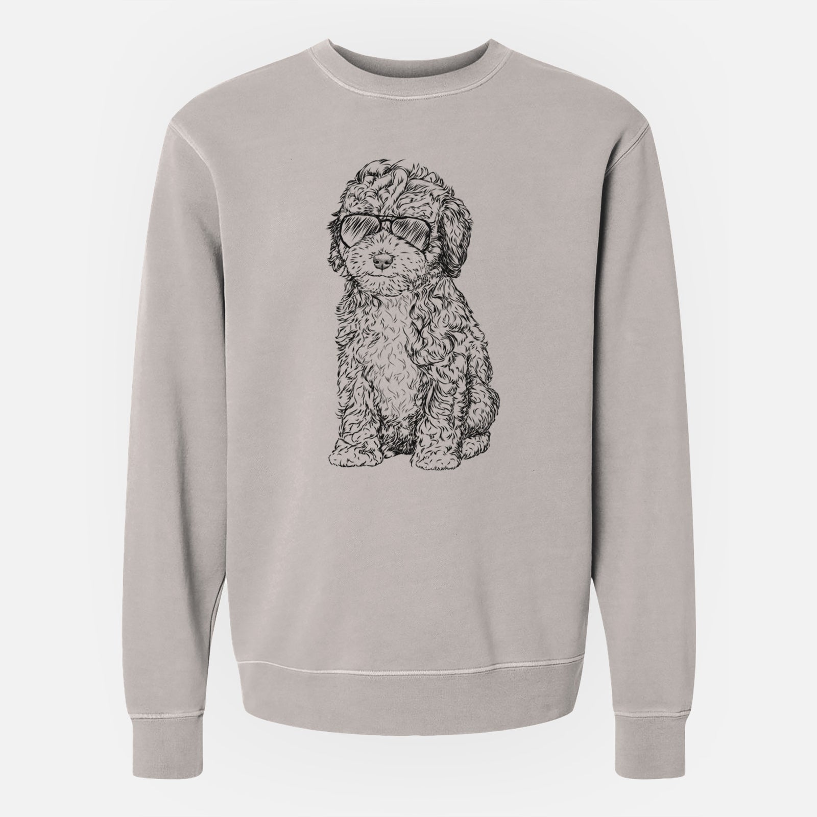 Hand-drawn sketch of Sweet Tea the Mini Doodle wearing aviator sunglasses on a Cement Unisex pigment dyed crew sweatshirt