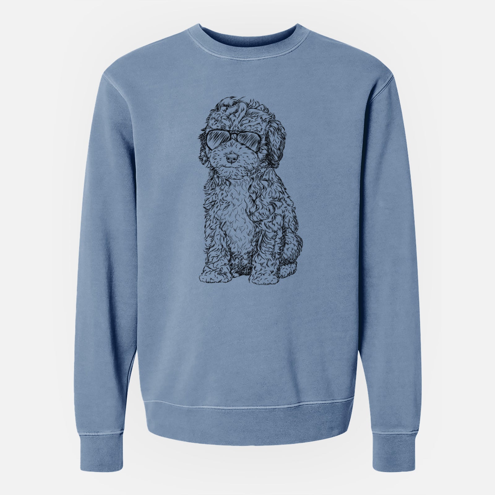 Hand-drawn sketch of Sweet Tea the Mini Doodle wearing aviator sunglasses on a Slate Blue Unisex pigment dyed crew sweatshirt