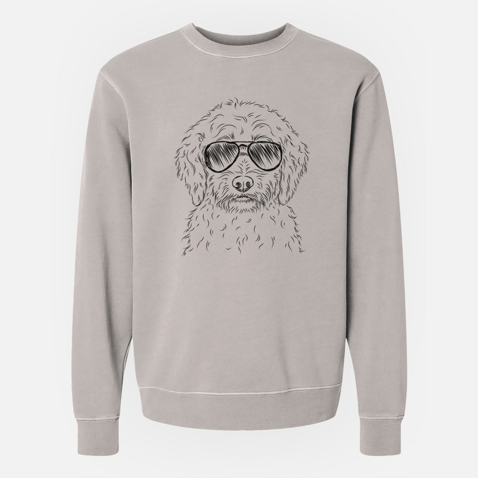Hand-drawn sketch of Teddy the Labradoodle wearing aviator sunglasses on a Cement Unisex pigment dyed crew sweatshirt