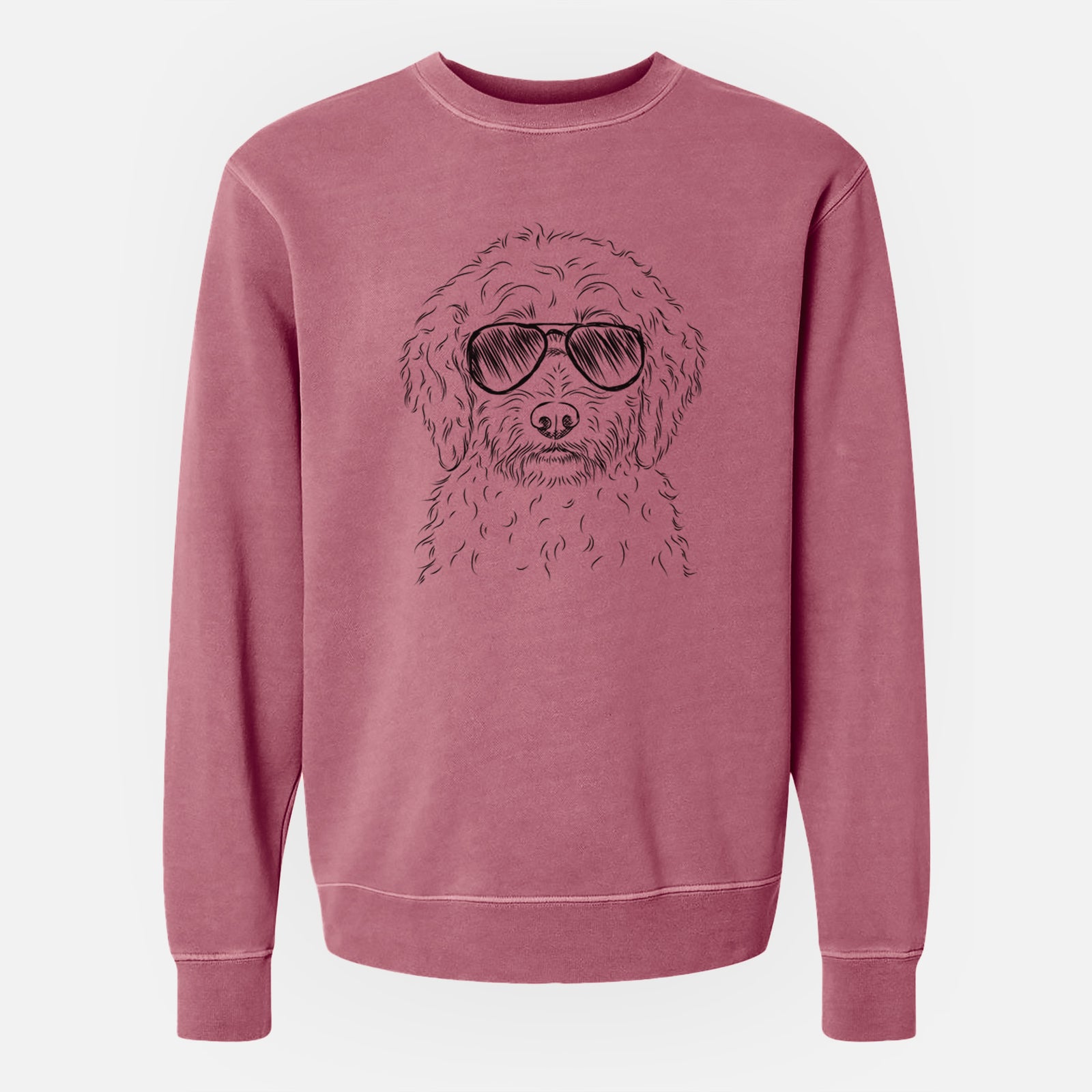 Hand-drawn sketch of Teddy the Labradoodle wearing aviator sunglasses on a Maroon Unisex pigment dyed crew sweatshirt