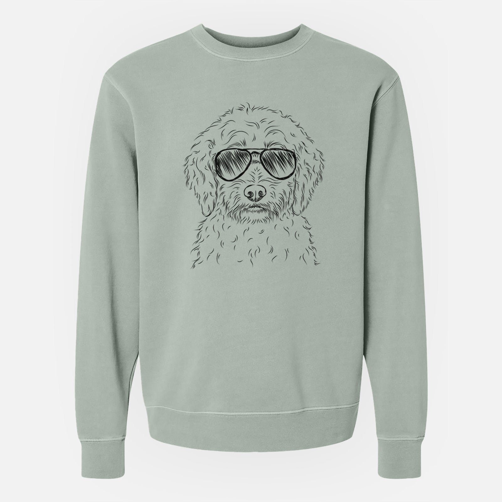 Hand-drawn sketch of Teddy the Labradoodle wearing aviator sunglasses on a Sage Unisex pigment dyed crew sweatshirt
