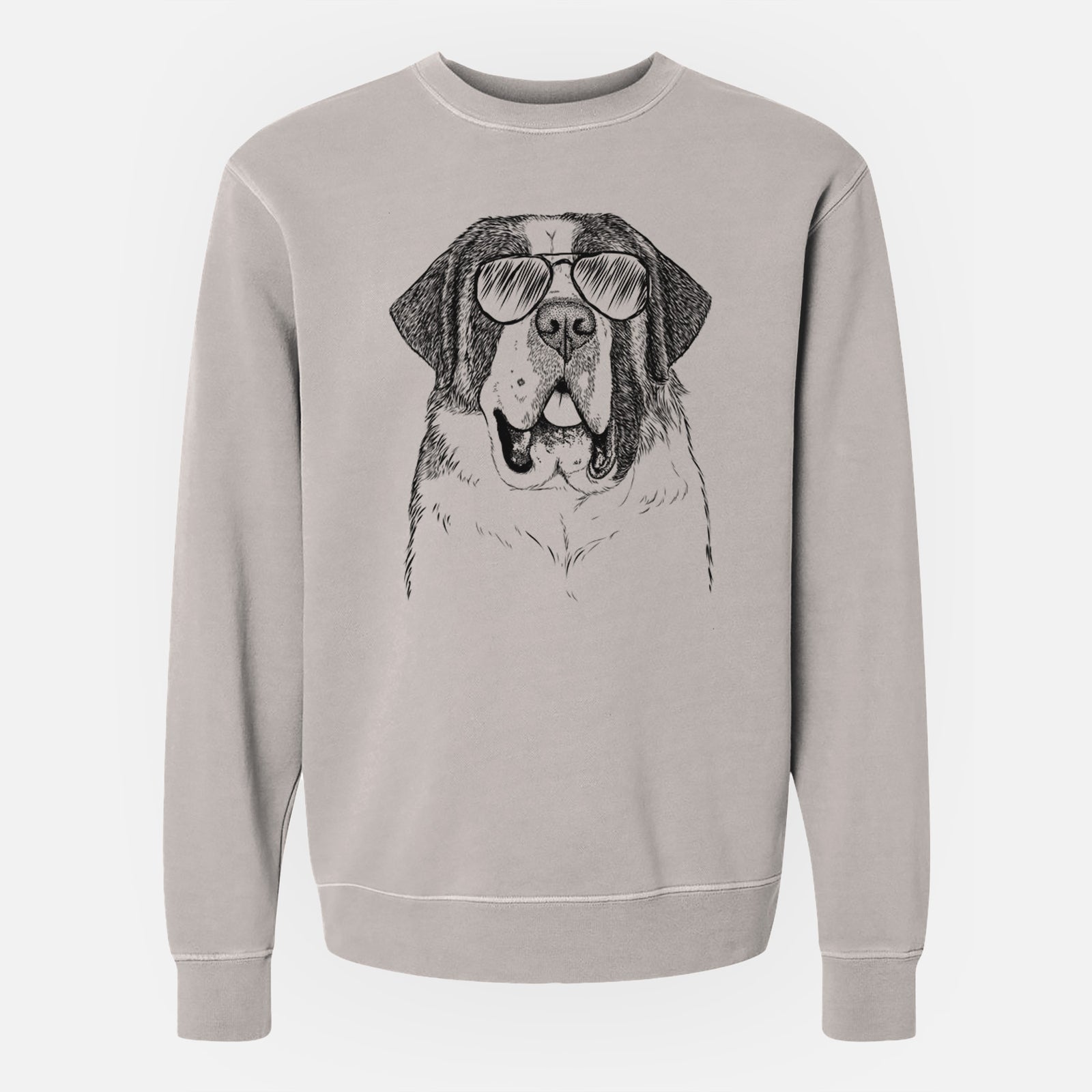Hand-drawn sketch of Thor the Saint Bernard wearing aviator sunglasses on a Cement Unisex pigment dyed crew sweatshirt