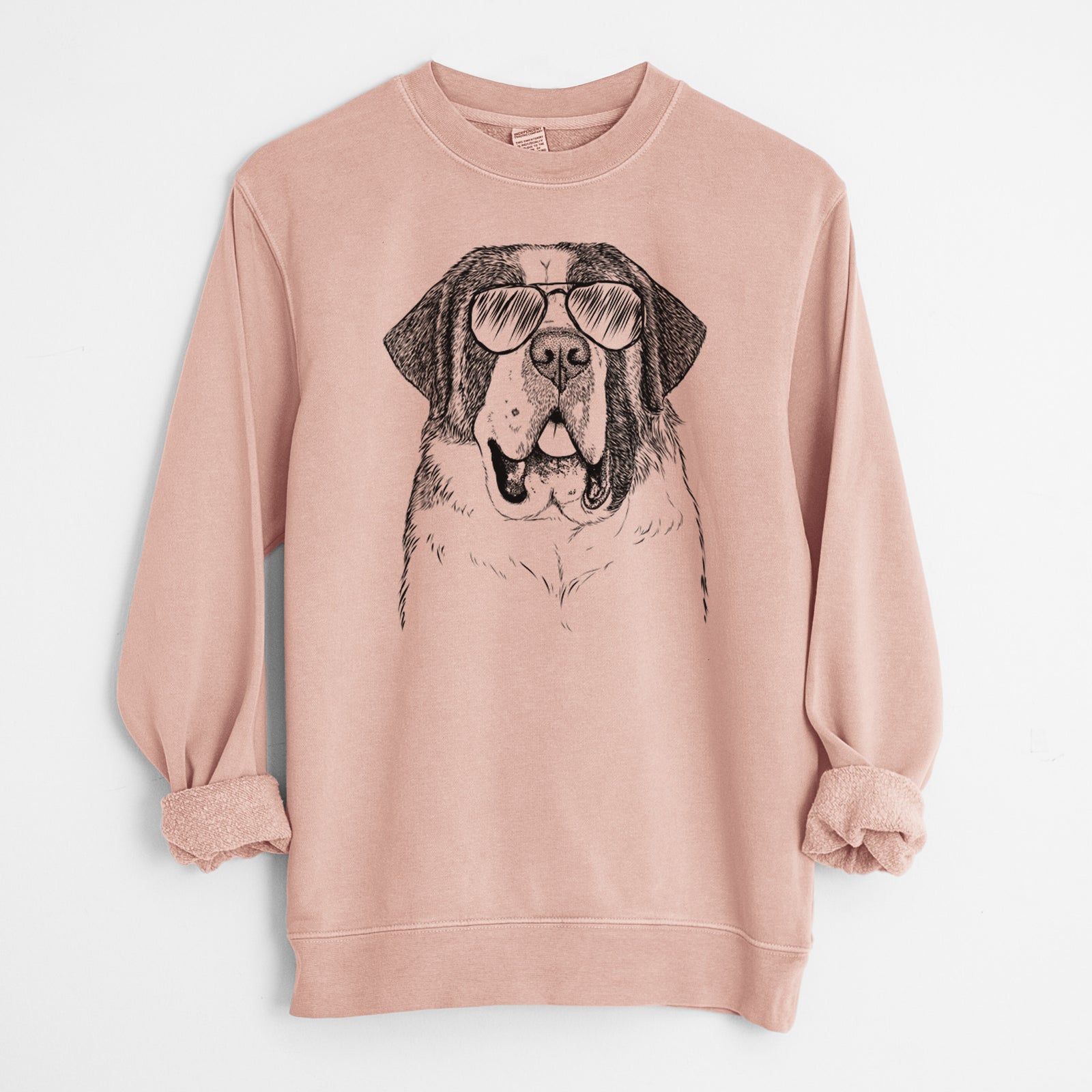 Hand-drawn sketch of Thor the Saint Bernard wearing aviator sunglasses on a Dusty Pink Unisex pigment dyed crew sweatshirt