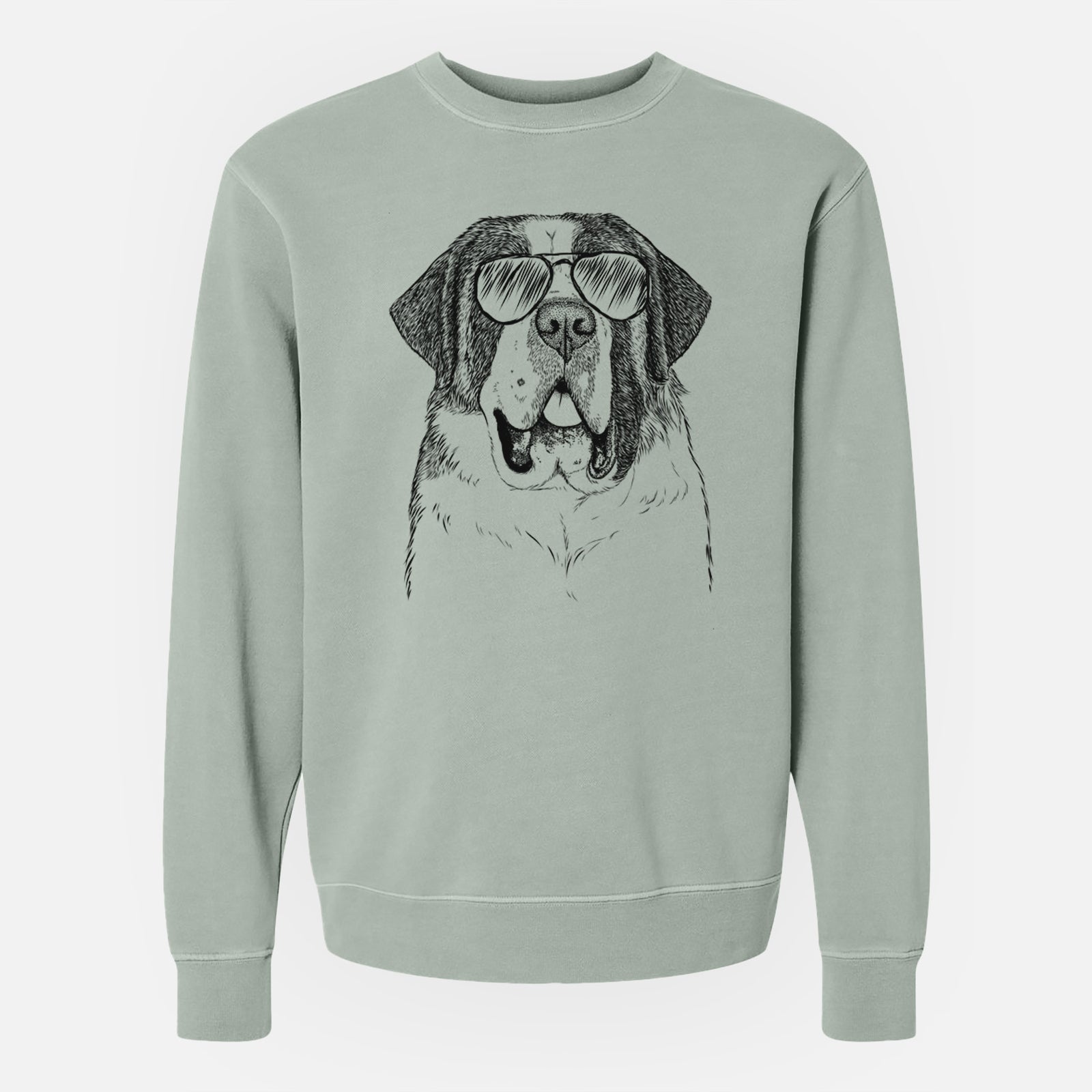 Hand-drawn sketch of Thor the Saint Bernard wearing aviator sunglasses on a Sage Unisex pigment dyed crew sweatshirt