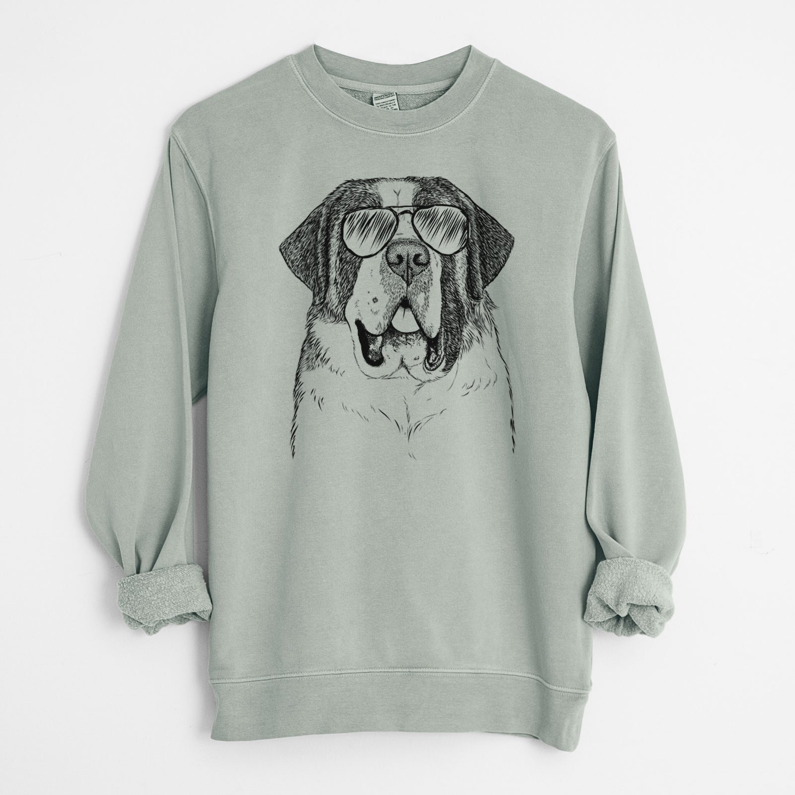 Hand-drawn sketch of Thor the Saint Bernard wearing aviator sunglasses on a Sage Unisex pigment dyed crew sweatshirt