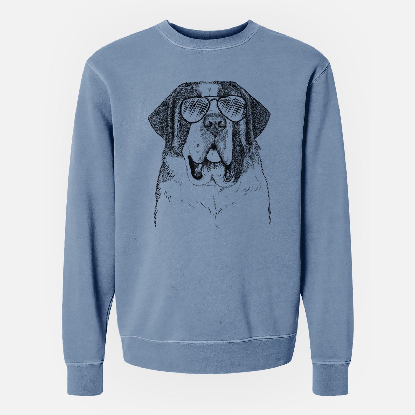 Hand-drawn sketch of Thor the Saint Bernard wearing aviator sunglasses on a Slate Blue Unisex pigment dyed crew sweatshirt