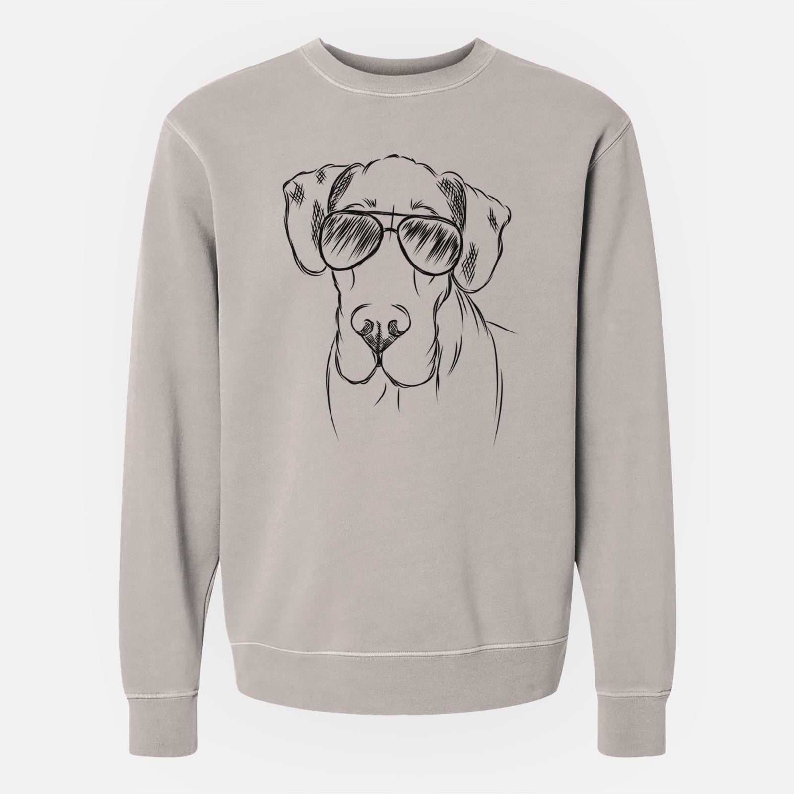 Hand-drawn sketch of Titus the Great Dane wearing aviator sunglasses on a Cement Unisex pigment dyed crew sweatshirt