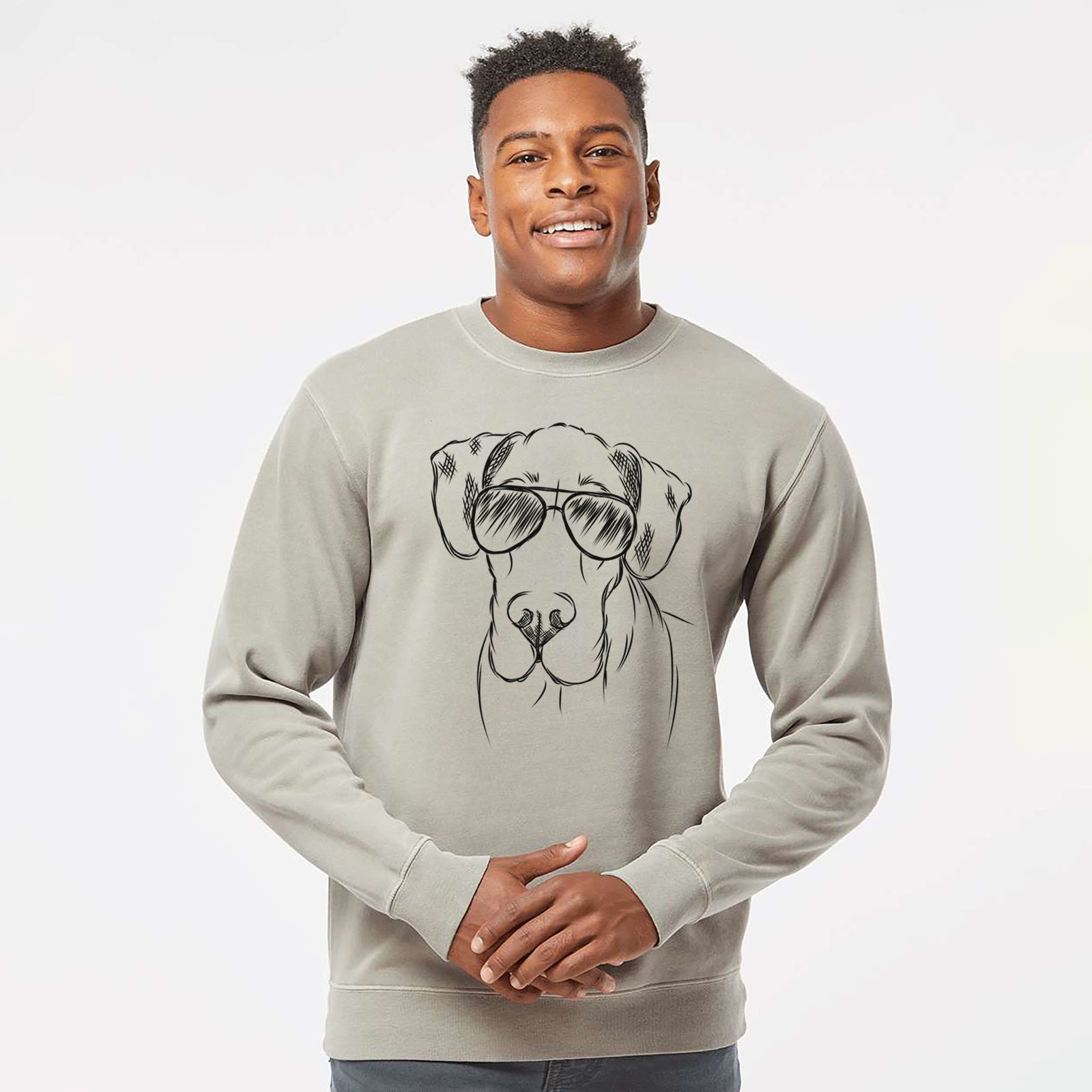 Hand-drawn sketch of Titus the Great Dane wearing aviator sunglasses on a Cement Unisex pigment dyed crew sweatshirt