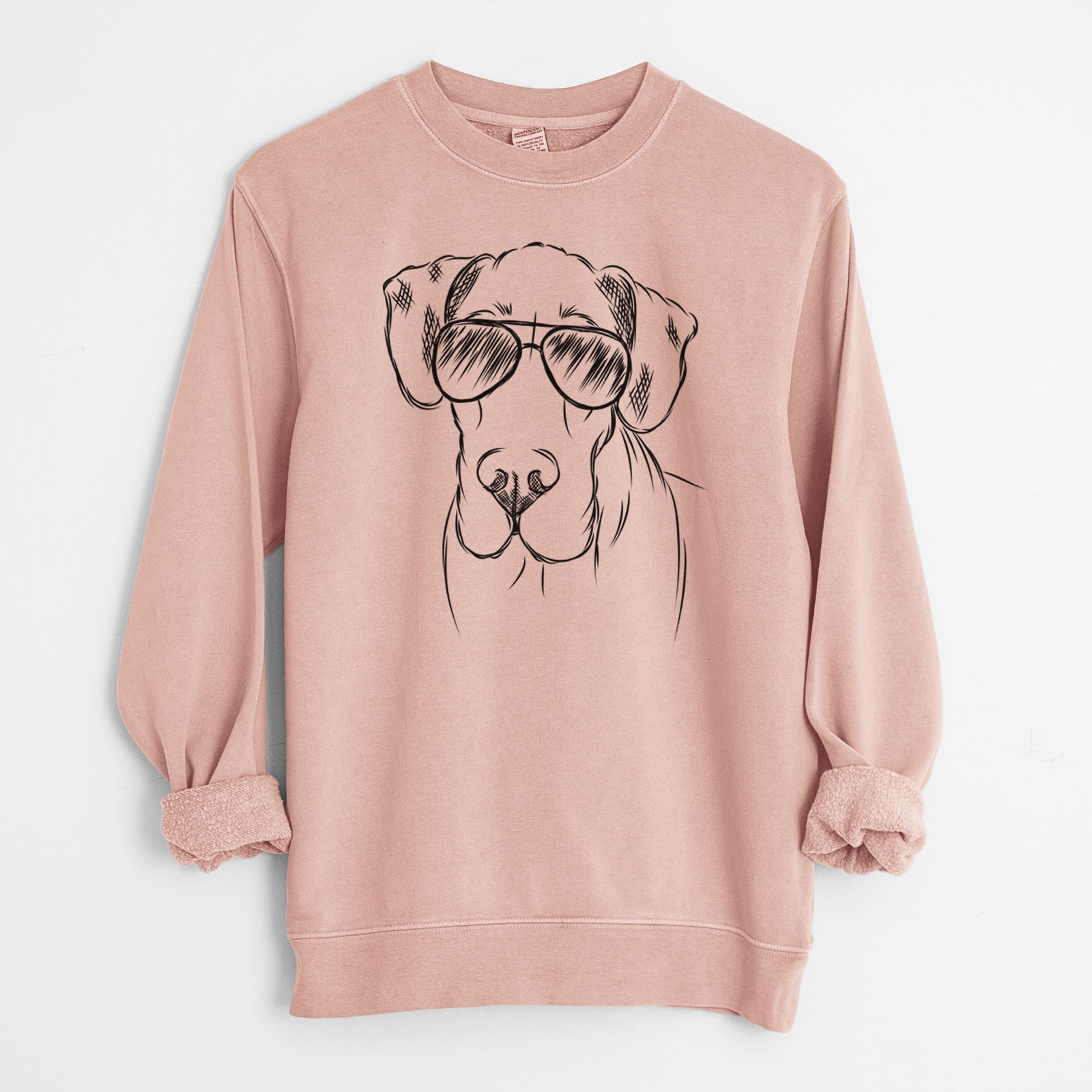 Hand-drawn sketch of Titus the Great Dane wearing aviator sunglasses on a Dusty Pink Unisex pigment dyed crew sweatshirt