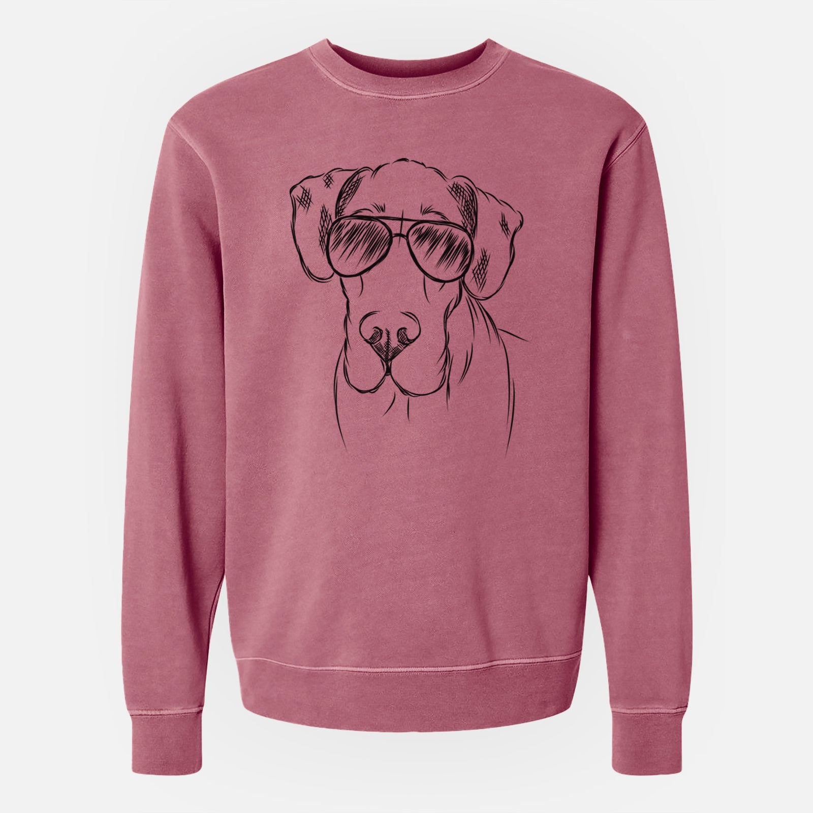 Hand-drawn sketch of Titus the Great Dane wearing aviator sunglasses on a Maroon Unisex pigment dyed crew sweatshirt