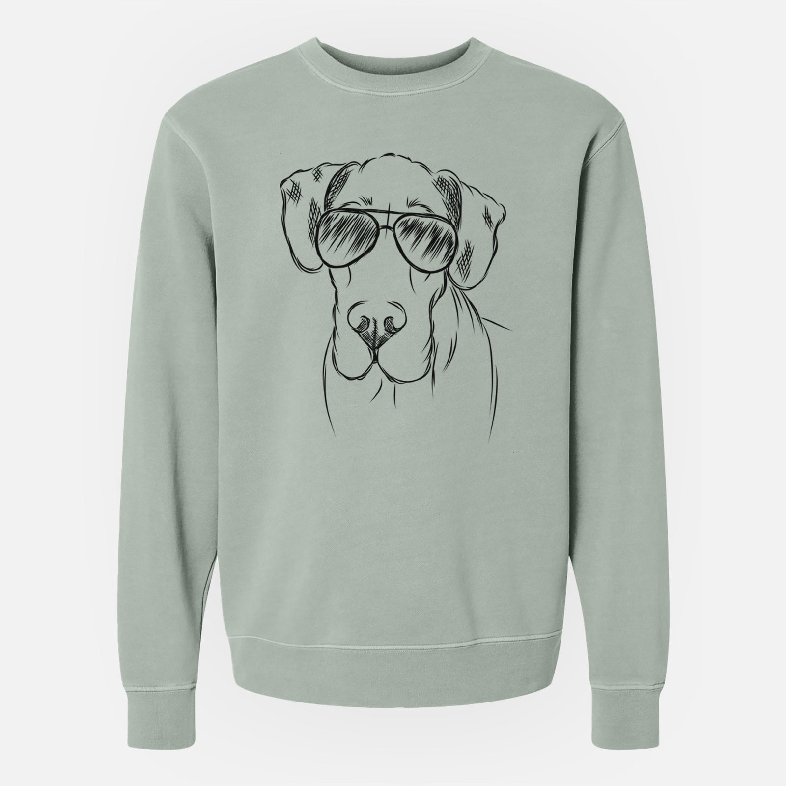 Hand-drawn sketch of Titus the Great Dane wearing aviator sunglasses on a Sage Unisex pigment dyed crew sweatshirt